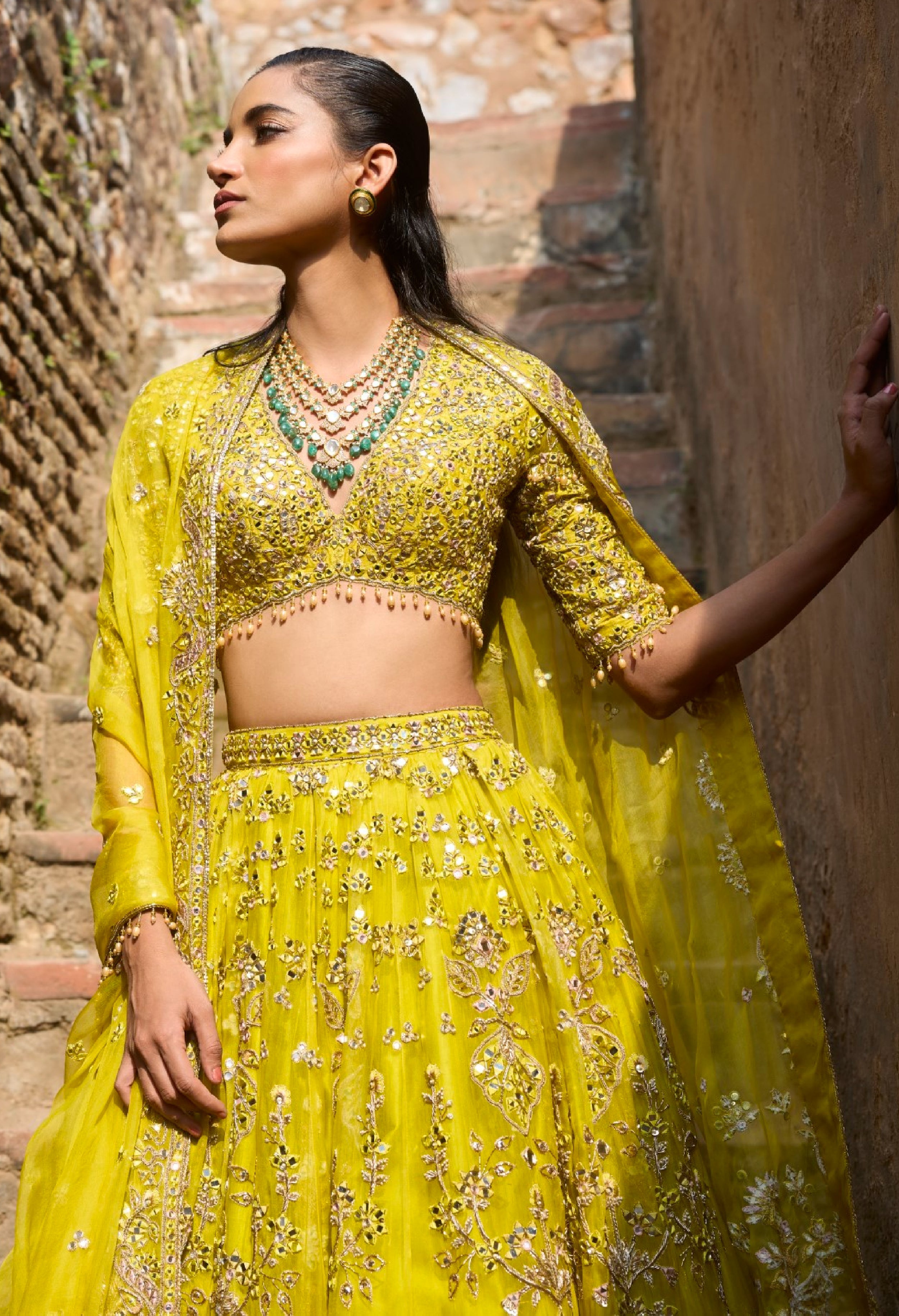 Lime Yellow Organza Lehenga Set