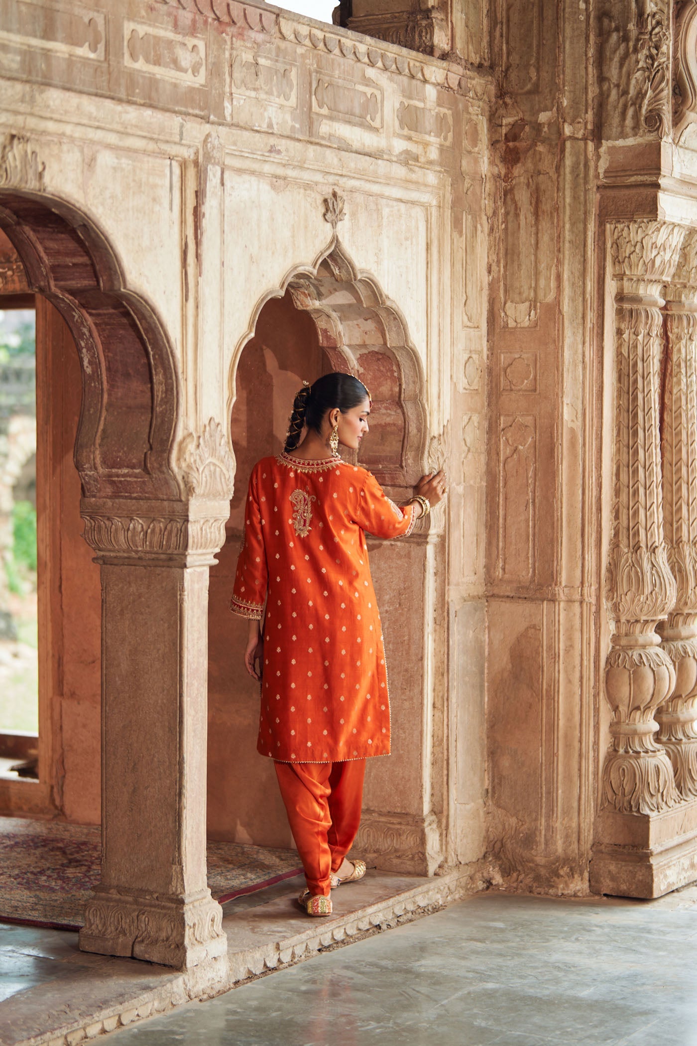 Fahmida - Burnt Orange Short Kurta With Tulip Pant
