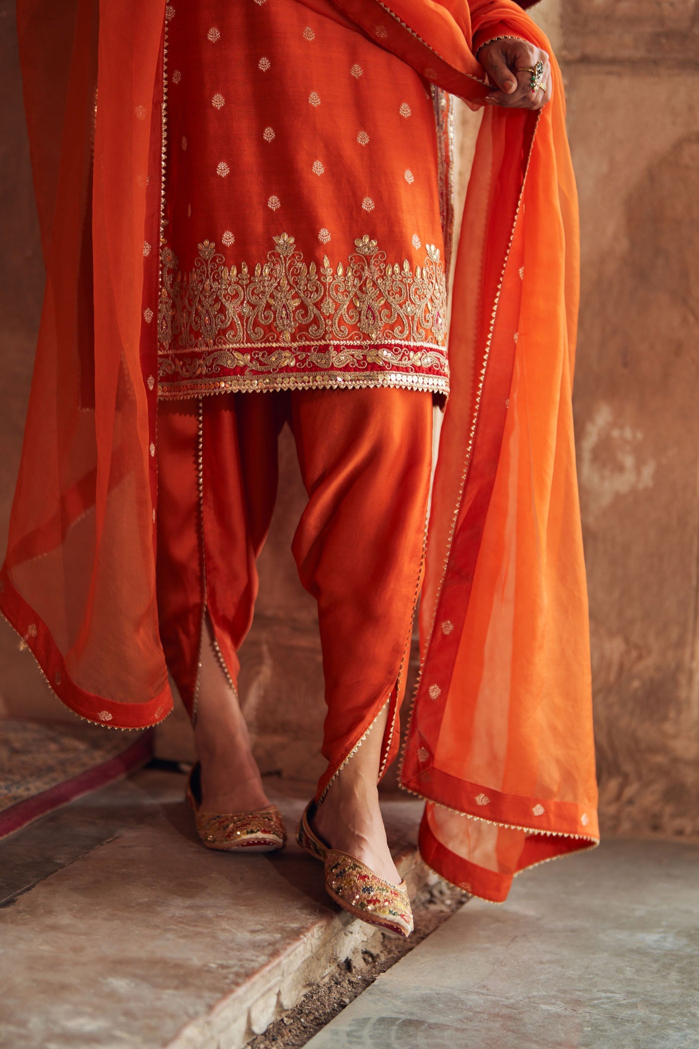 Fahmida - Burnt Orange Short Kurta With Tulip Pant