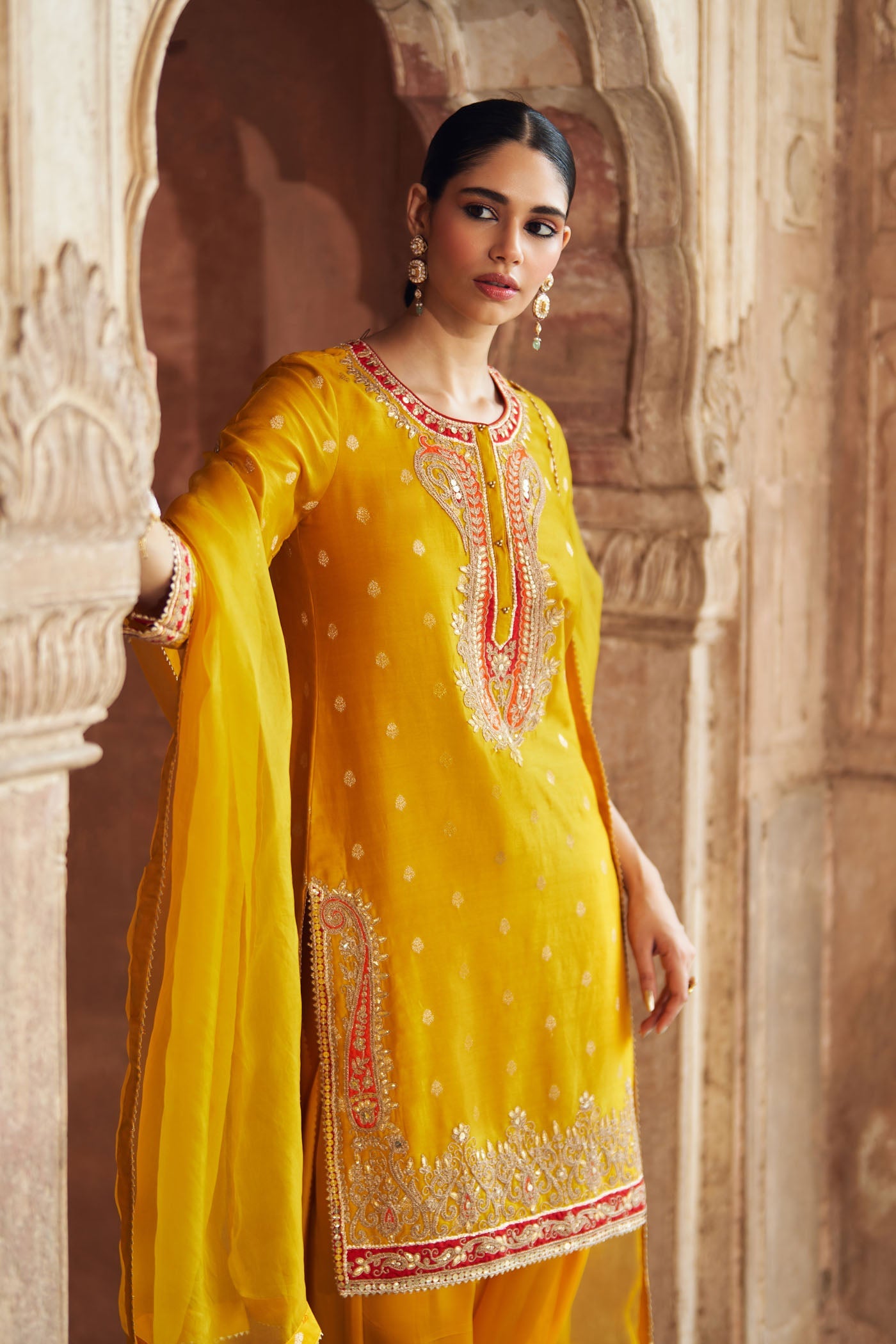 Fahmida - Heirloom Mustard Short Kurta With Tulip Pant