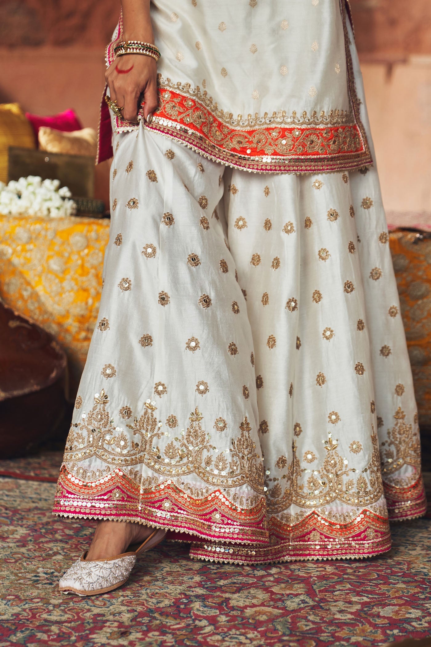 Samreen - Daisy Ivory Short Kurta With Sharara And Dupatta