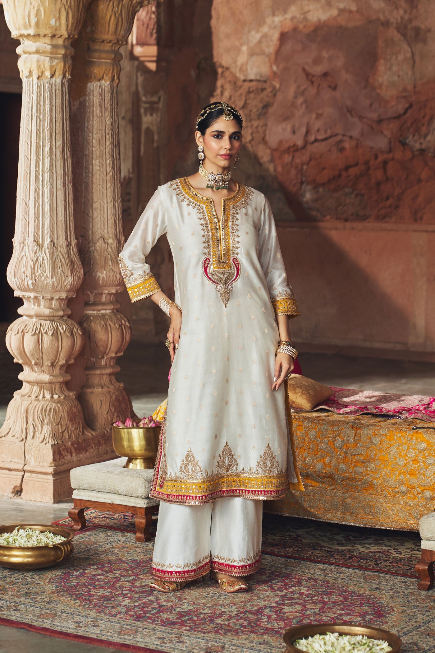 Sumaira - Daisy Ivory Long Kurta With Palazzo And Dupatta