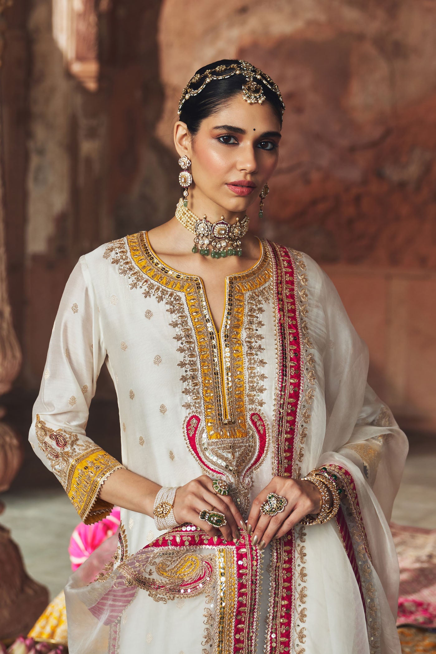 Sumaira - Daisy Ivory Long Kurta With Palazzo And Dupatta