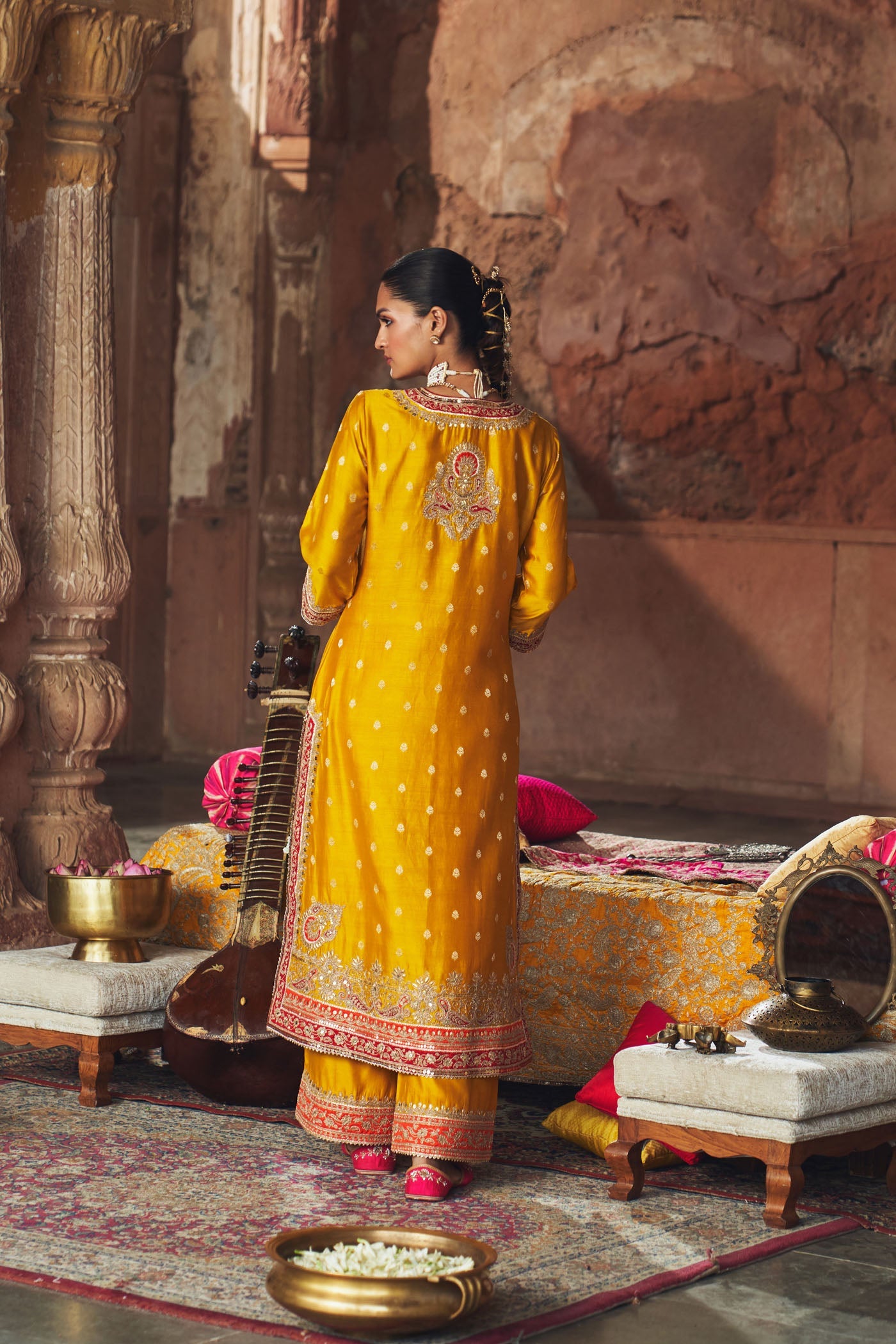 Sobia - Heirloom Mustard Long Kurta With Palazzo And Dupatta