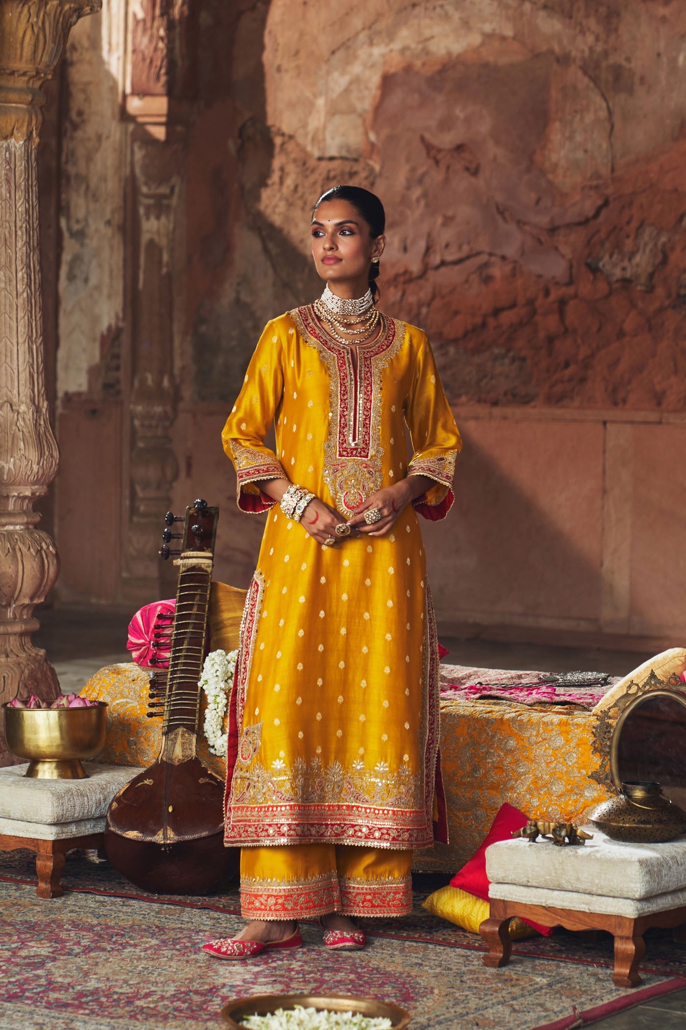 Sobia - Heirloom Mustard Long Kurta With Palazzo And Dupatta