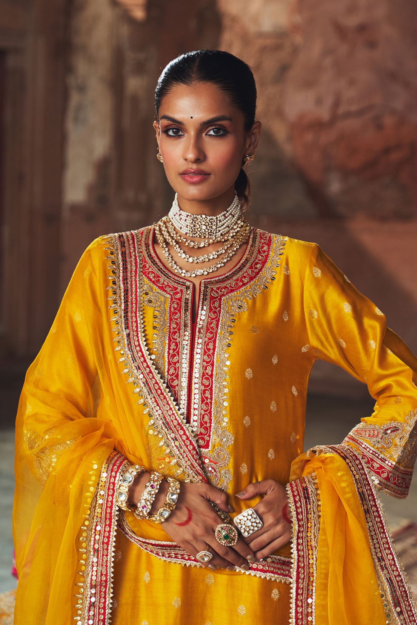 Sobia - Heirloom Mustard Long Kurta With Palazzo And Dupatta