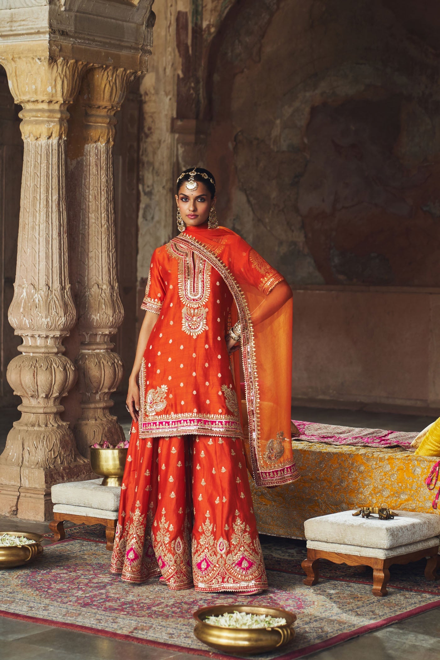 Anjali Khushalani In Areesha - Burnt Orange Short Kurta With Sharara And Dupatta