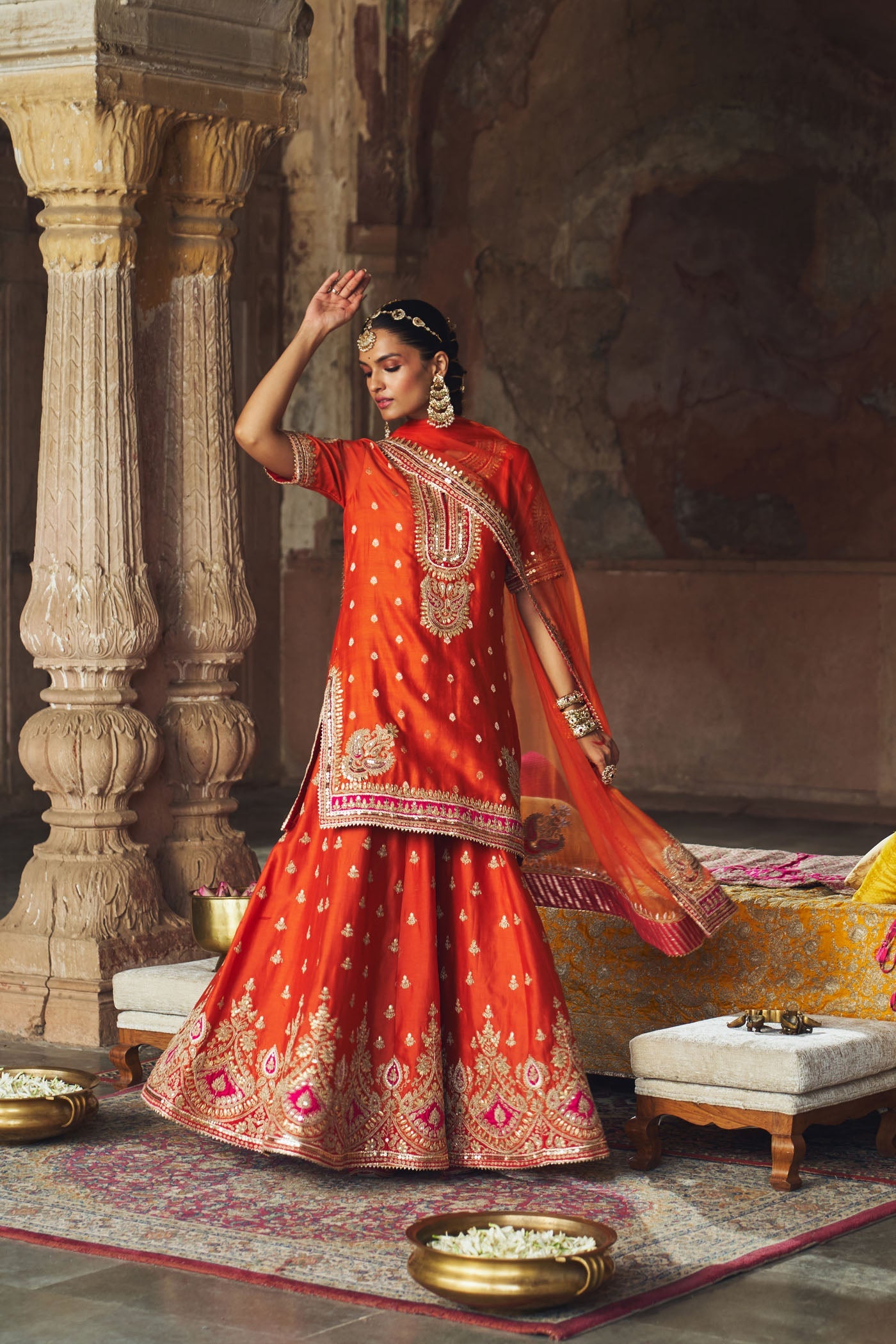Anjali Khushalani In Areesha - Burnt Orange Short Kurta With Sharara And Dupatta