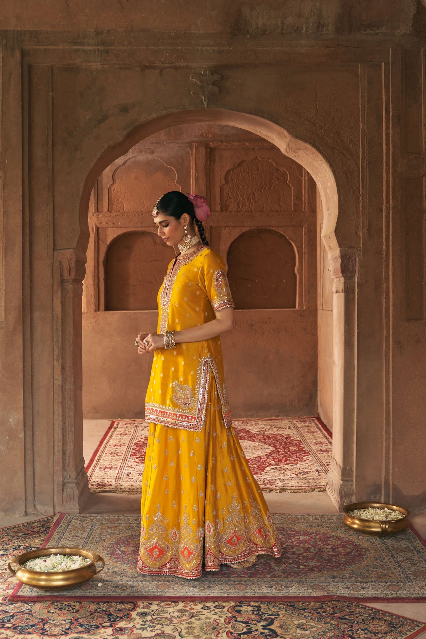 Areesha - Heirloom Mustard Short Kurta With Sharara And Dupatta