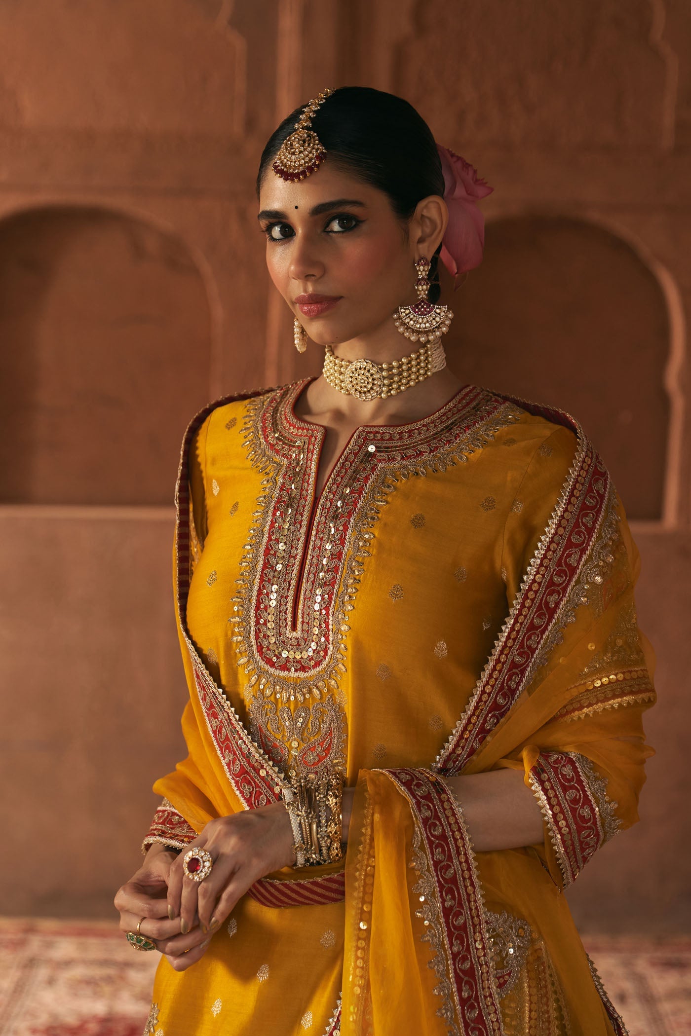 Areesha - Heirloom Mustard Short Kurta With Sharara And Dupatta