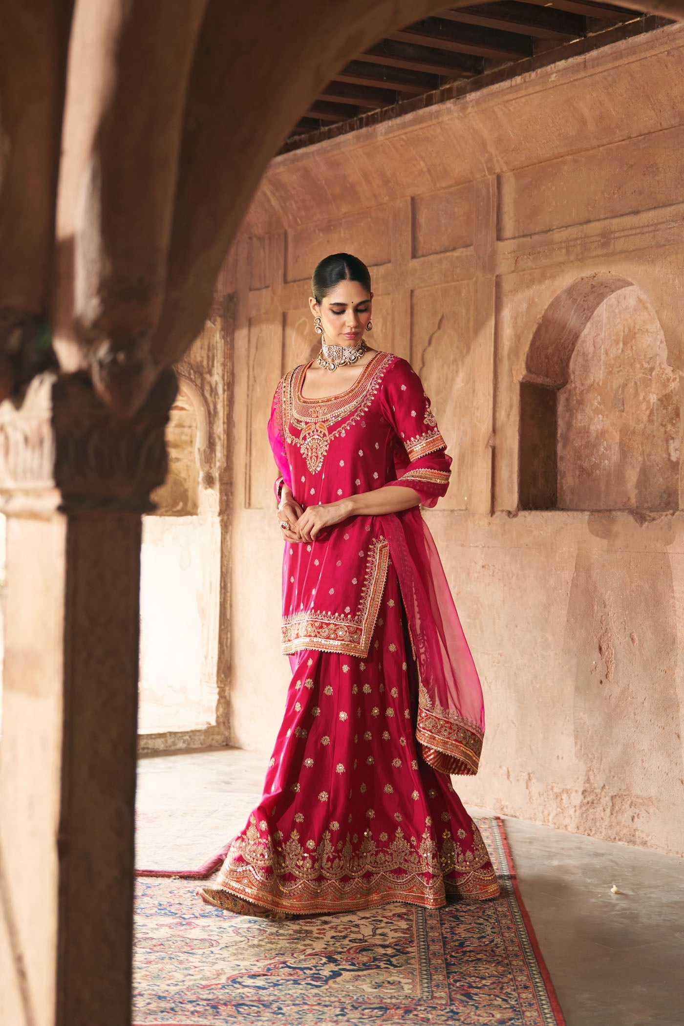 Samreen - Rani Hotpink Short Kurta With Sharara And Dupatta