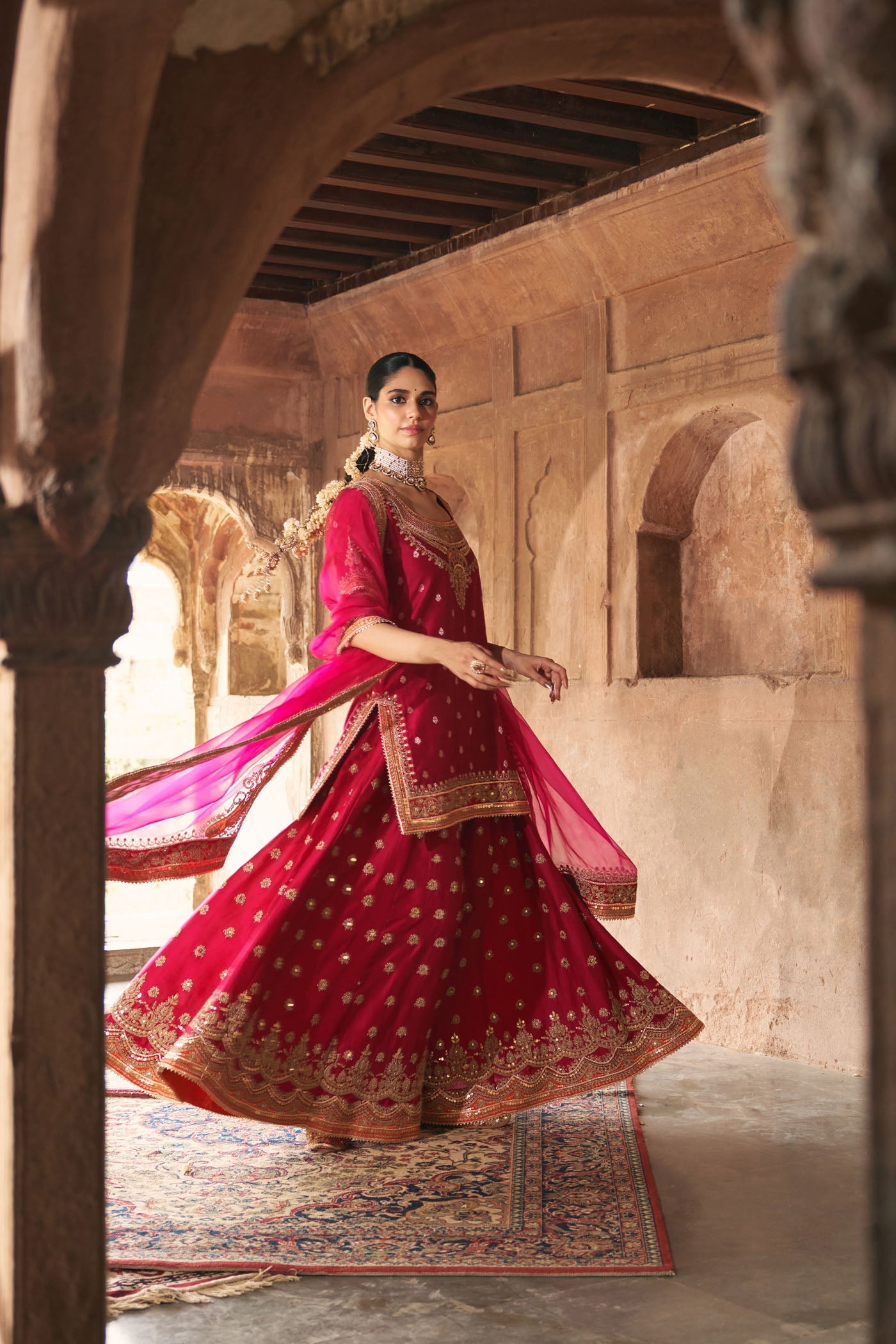 Samreen - Rani Hotpink Short Kurta With Sharara And Dupatta