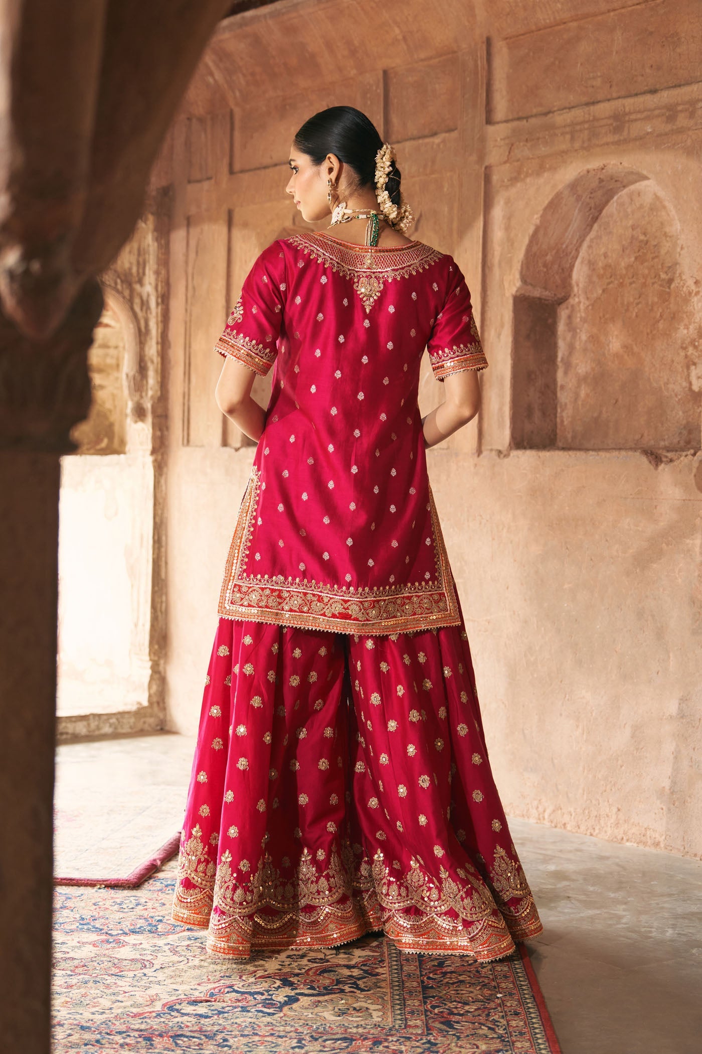 Samreen - Rani Hotpink Short Kurta With Sharara And Dupatta