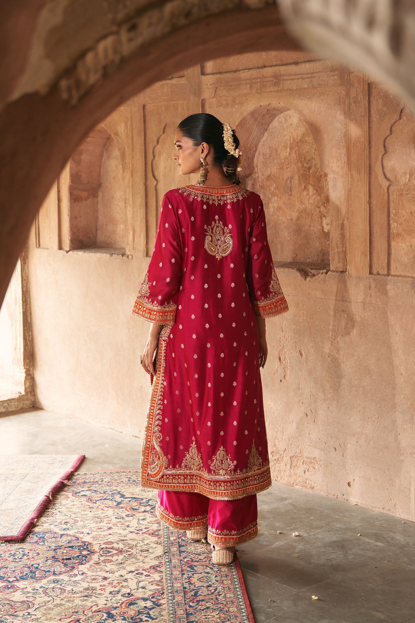 Sumaira - Rani Hotpink Long Kurta With Palazzo And Dupatta