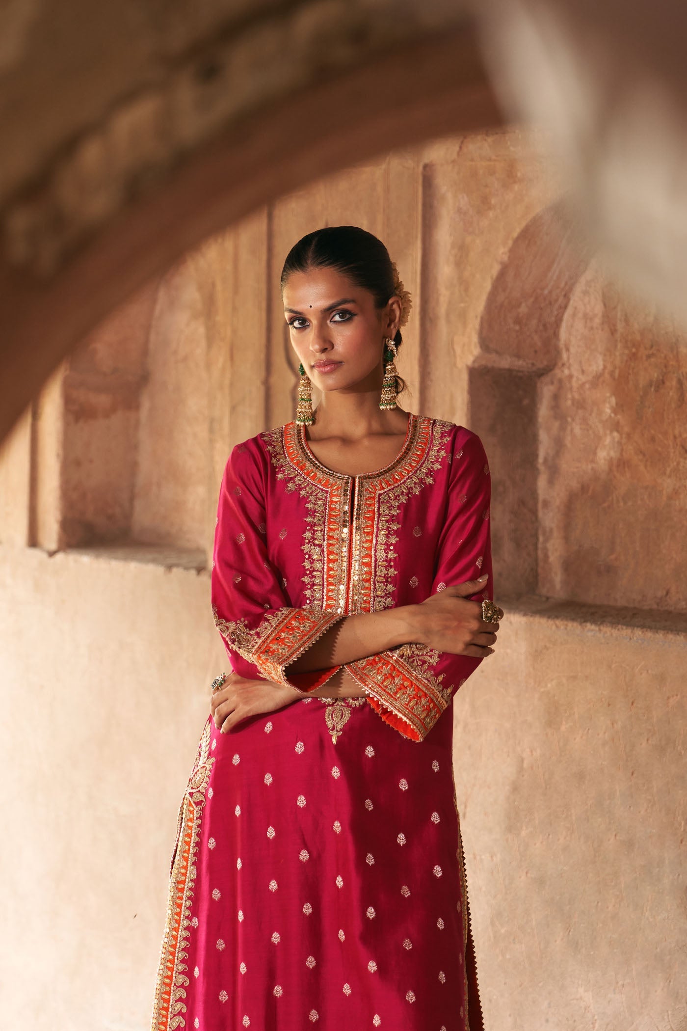 Sumaira - Rani Hotpink Long Kurta With Palazzo And Dupatta