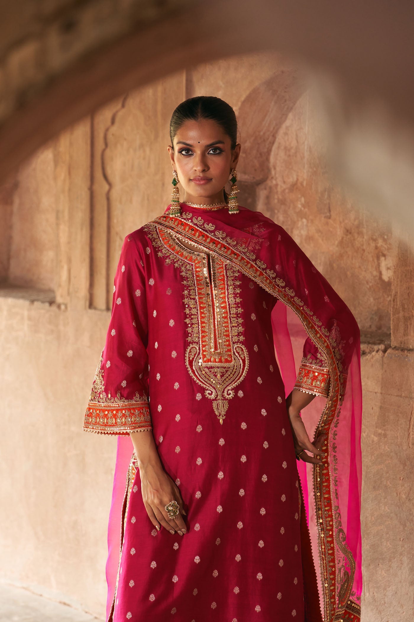 Sumaira - Rani Hotpink Long Kurta With Palazzo And Dupatta