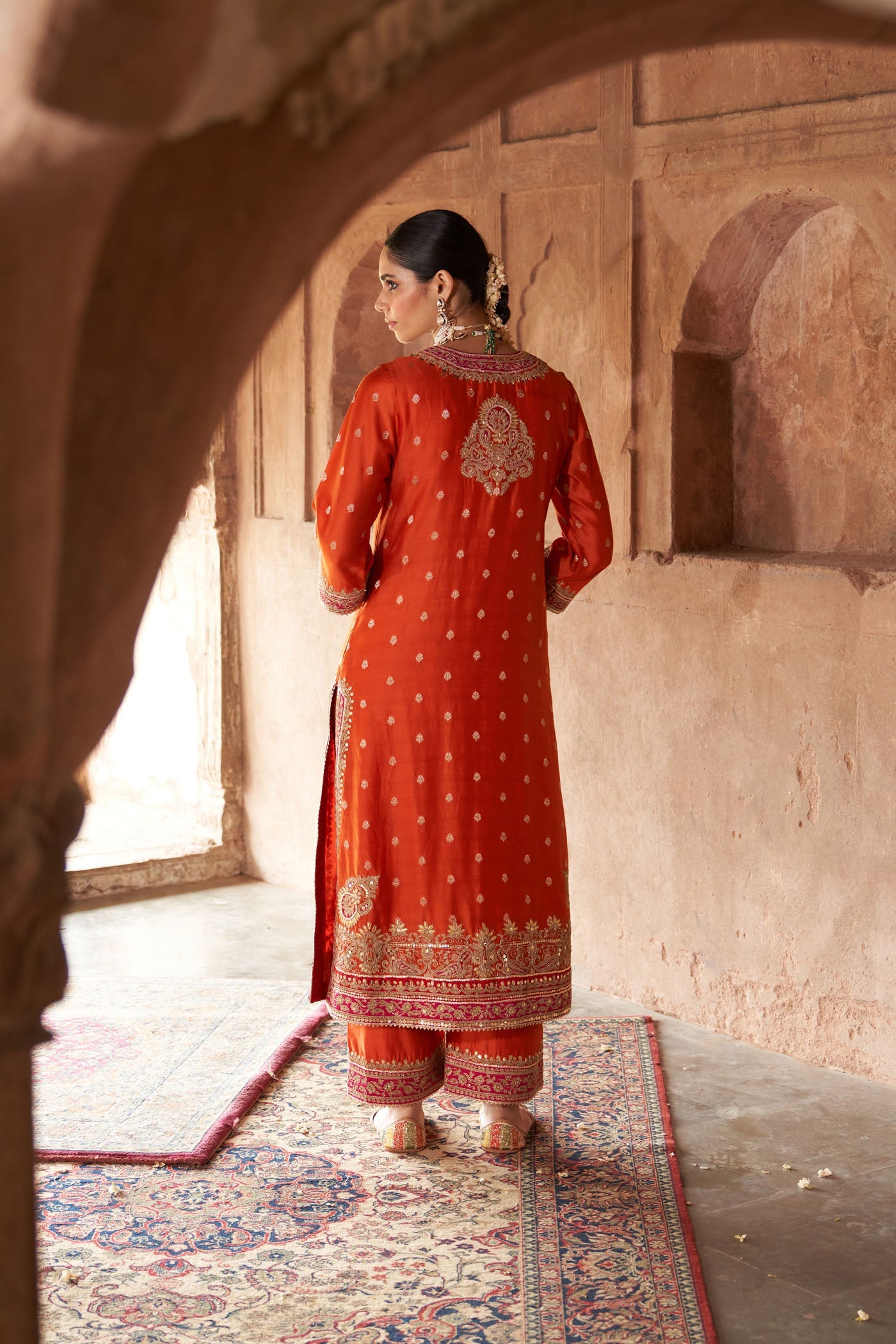 Sobia - Burnt Orange Long Kurta With Palazzo And Dupatta