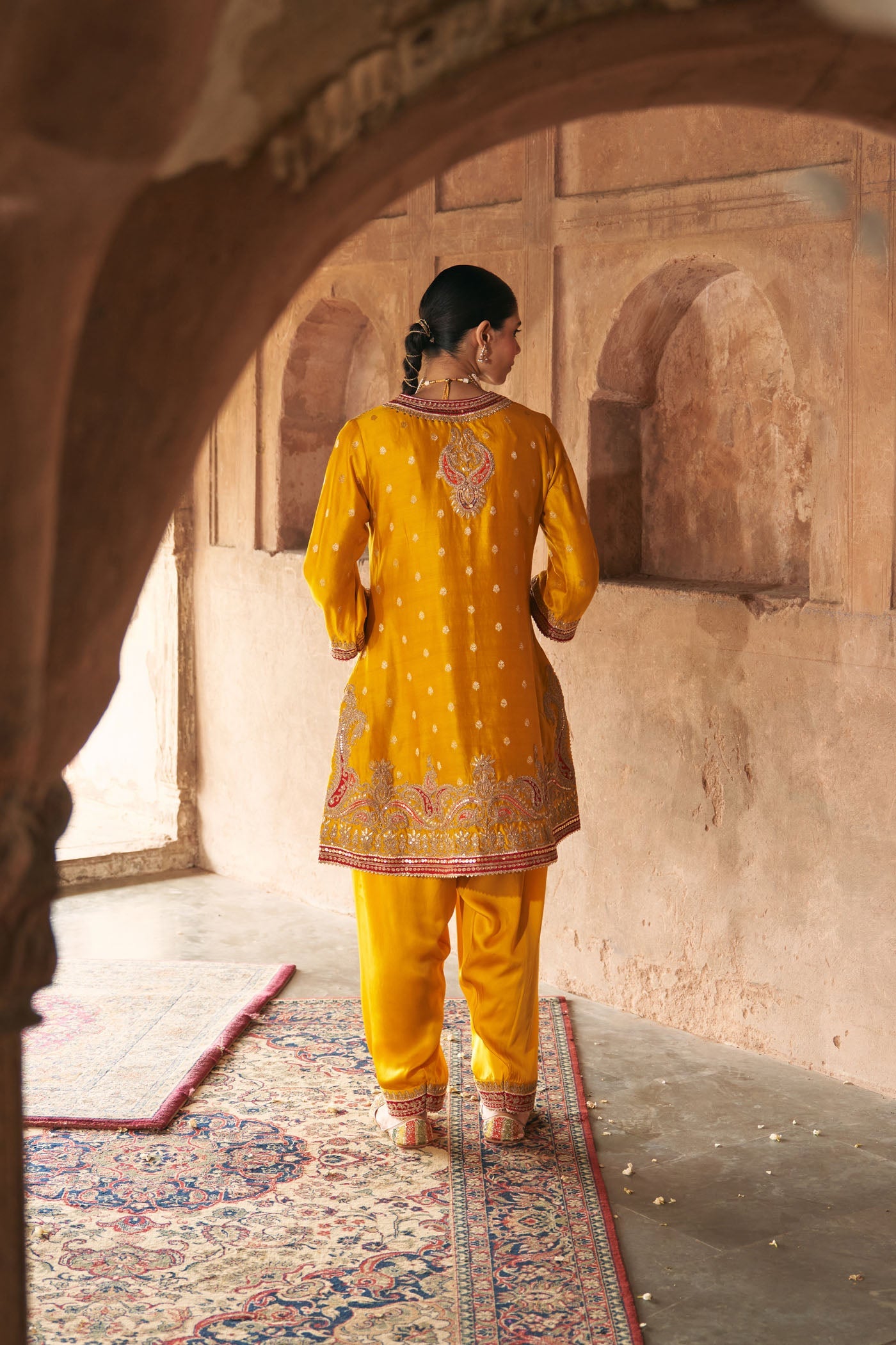 Farhana - Heirloom Mustard Short Kurta With Salwar And Dupatta