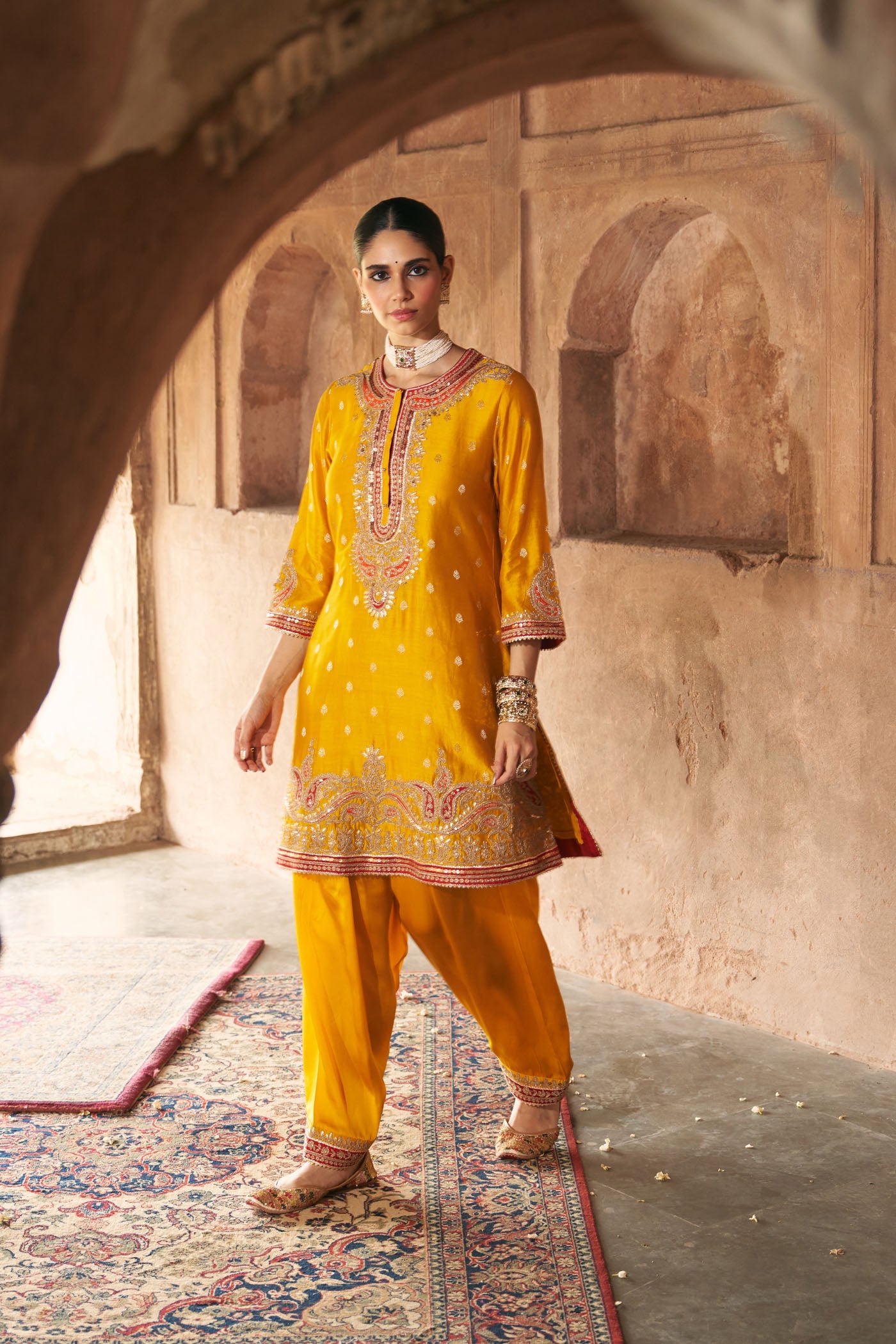Farhana - Heirloom Mustard Short Kurta With Salwar And Dupatta