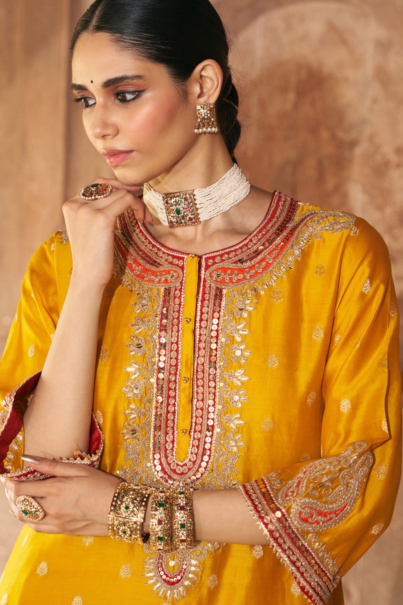 Farhana - Heirloom Mustard Short Kurta With Salwar And Dupatta