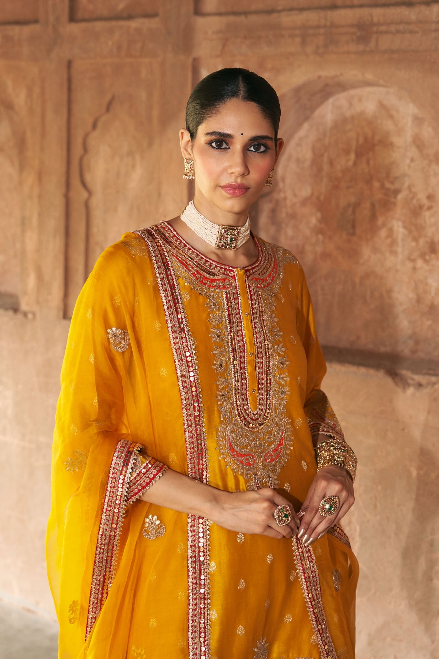 Farhana - Heirloom Mustard Short Kurta With Salwar And Dupatta
