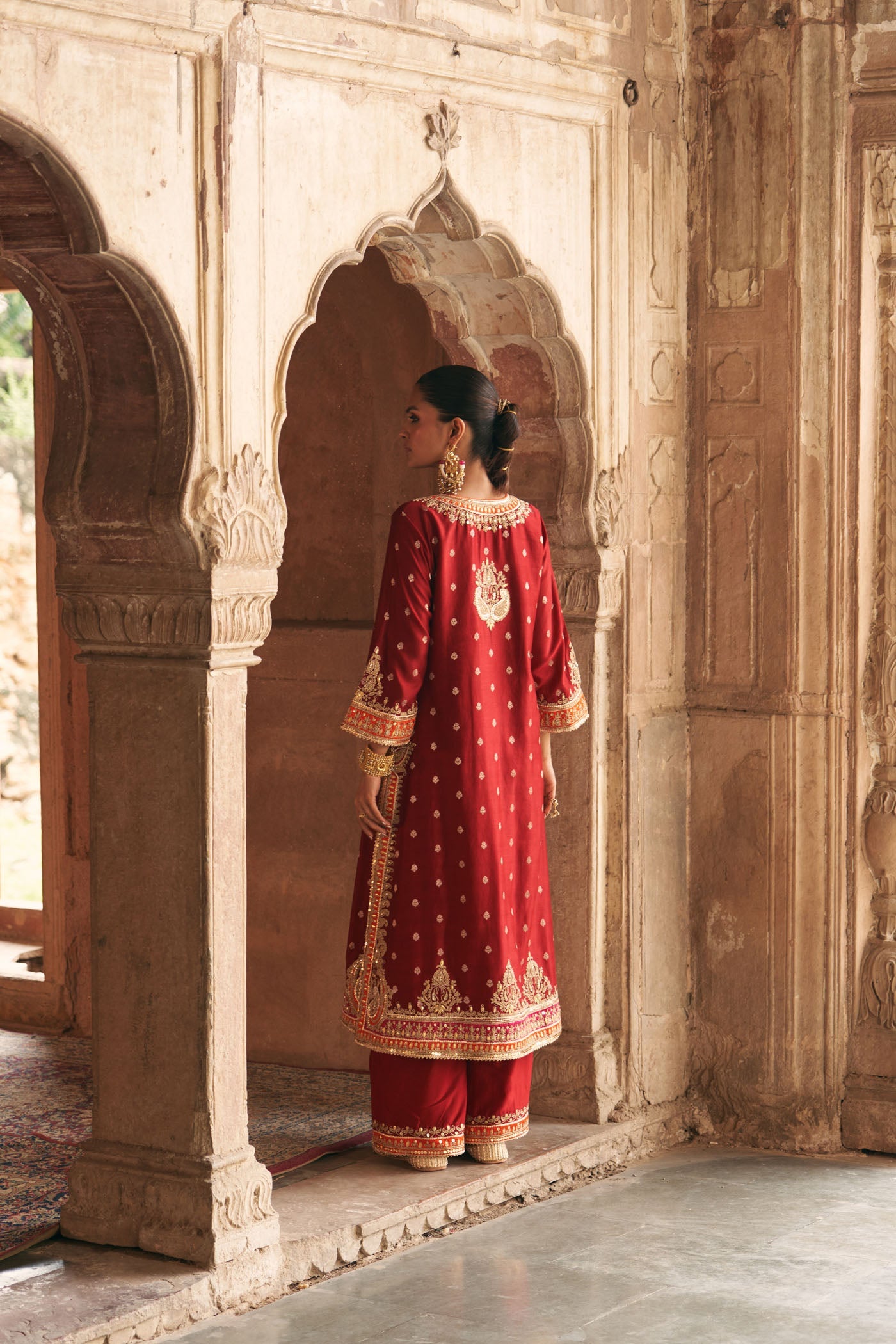 Sumaira - Deep Red Long Kurta With Palazzo And Dupatta