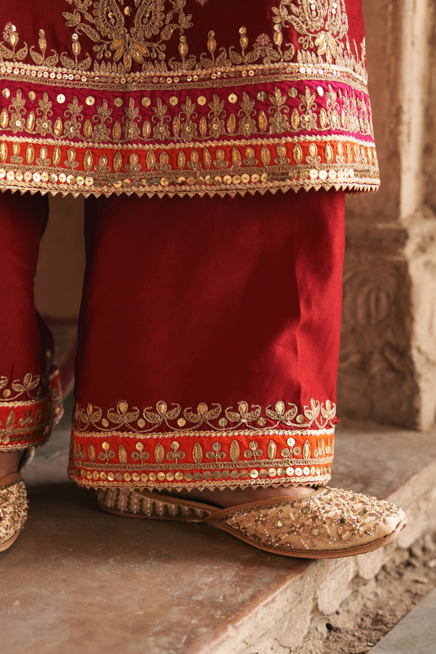 Sumaira - Deep Red Long Kurta With Palazzo And Dupatta