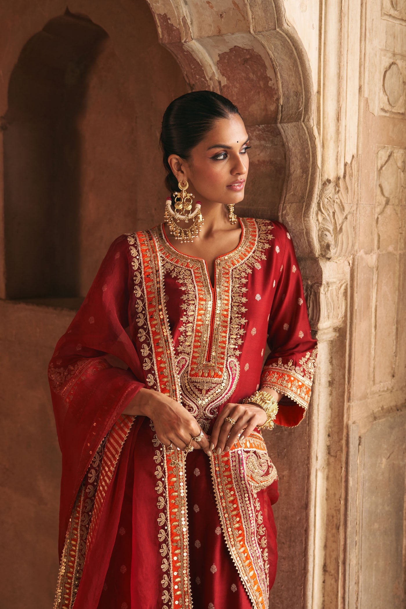 Sumaira - Deep Red Long Kurta With Palazzo And Dupatta