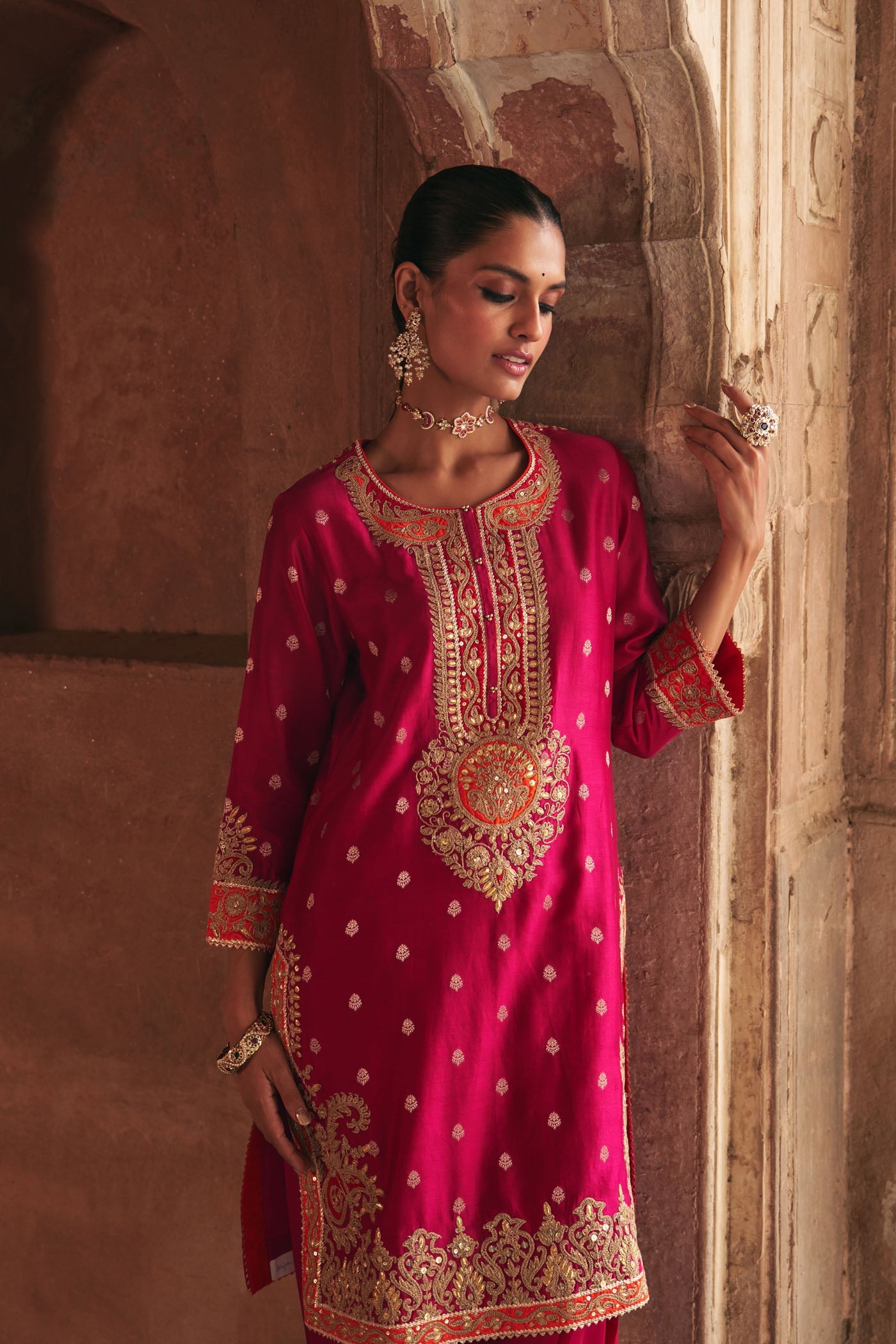 Anila - Rani Hotpink Short Kurta With Salwar