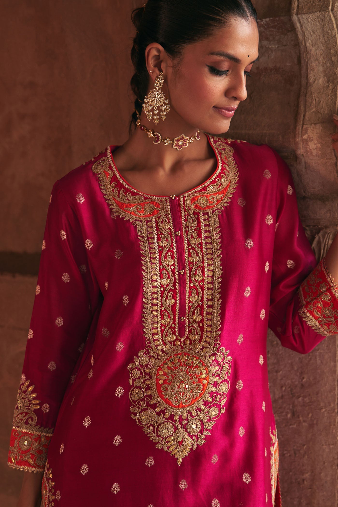 Anila - Rani Hotpink Short Kurta With Salwar