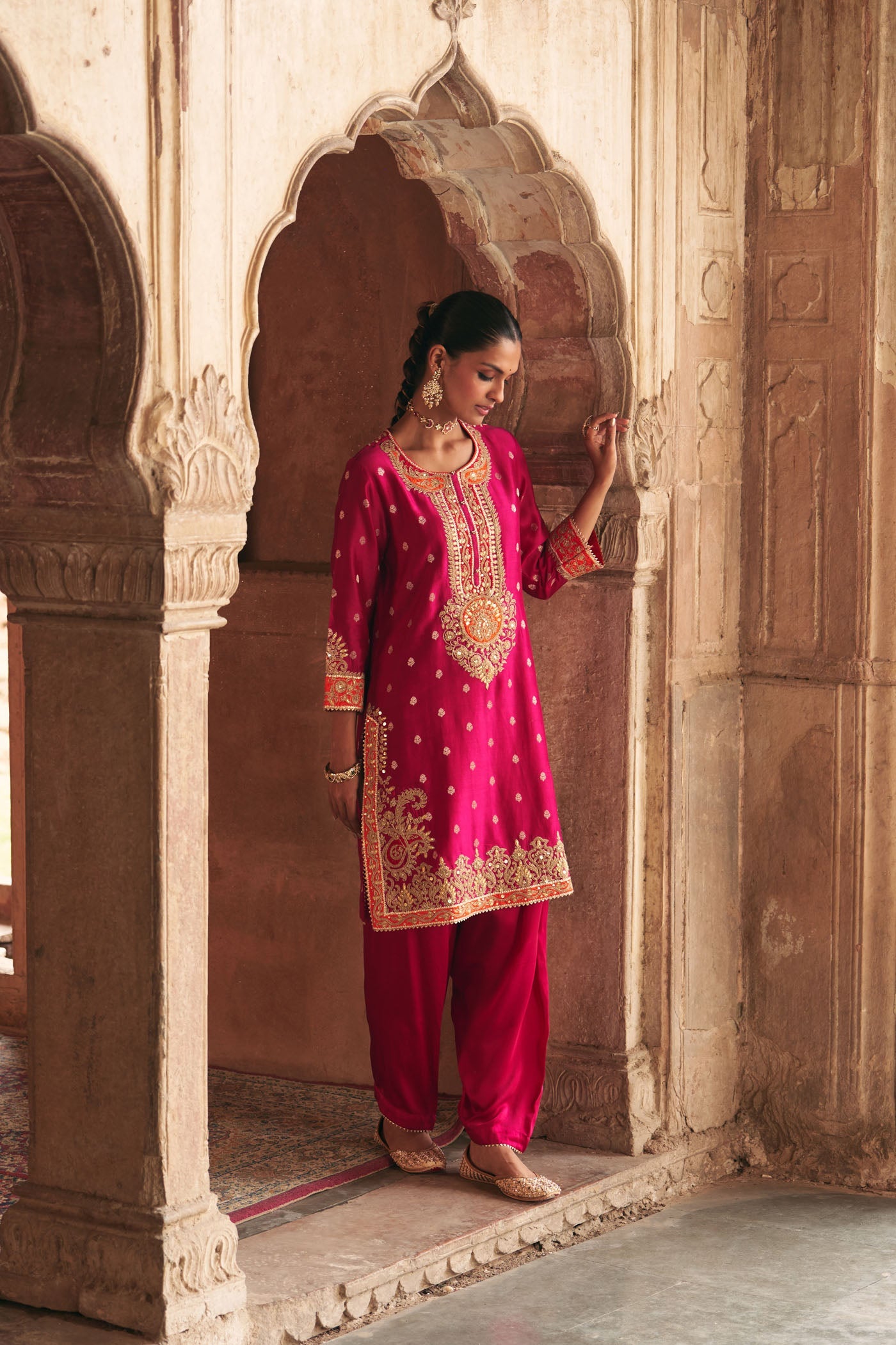 Anila - Rani Hotpink Short Kurta With Salwar