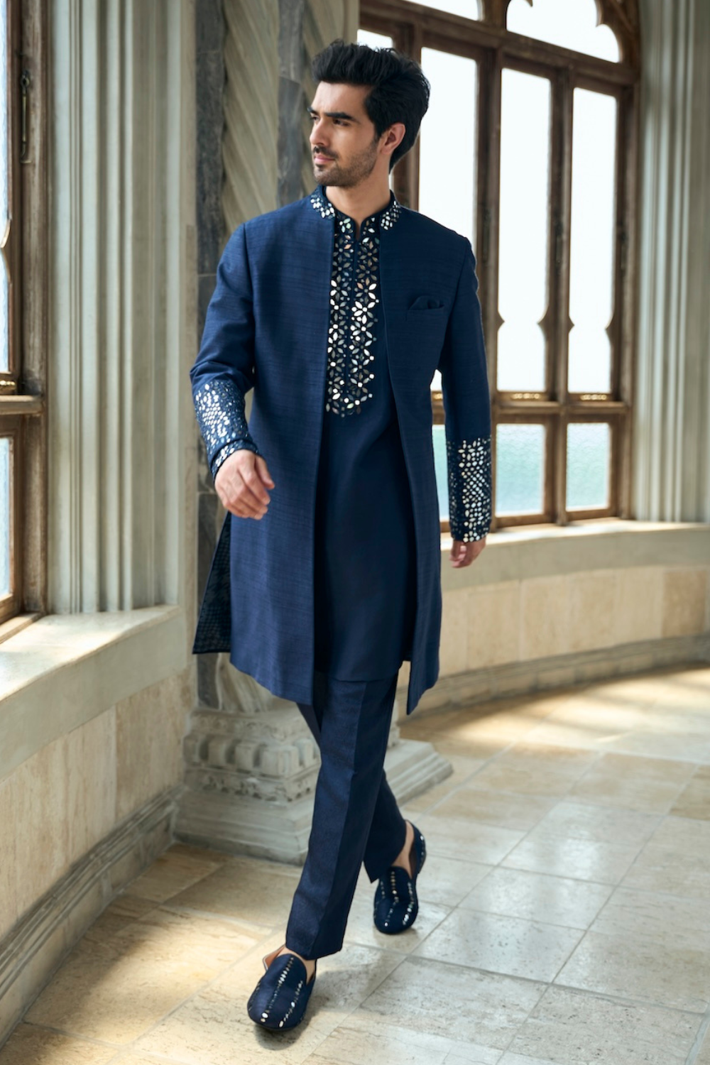 Persian Blue Mirror Open Sherwani Set