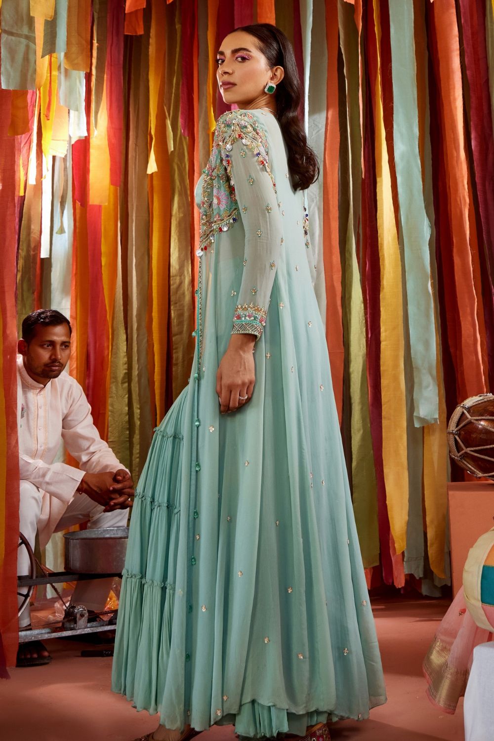 Mint Green Cape And Sharara Set With Cut-Out Bustier