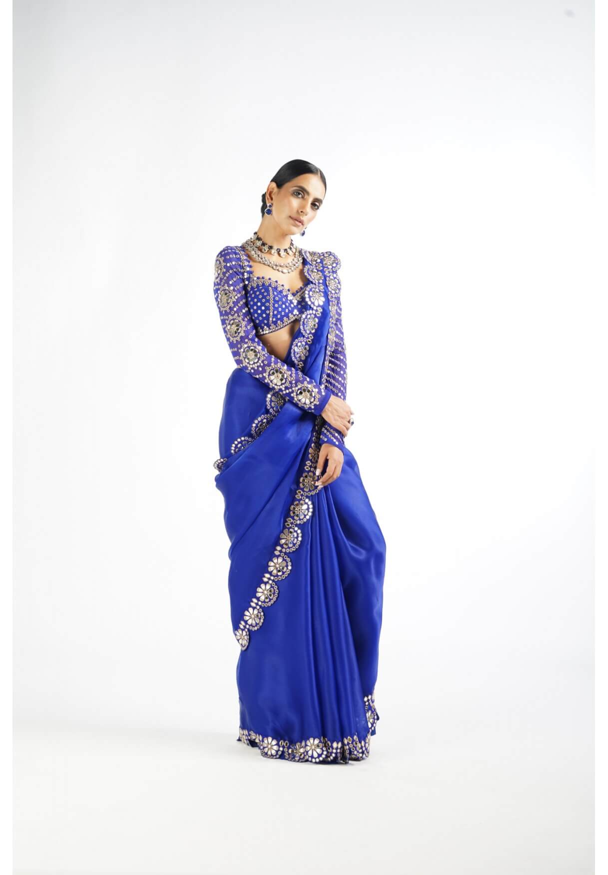 Vvani Vats,VAAW SR 2202,Royal Blue Mirror Work Blouse Saree Set