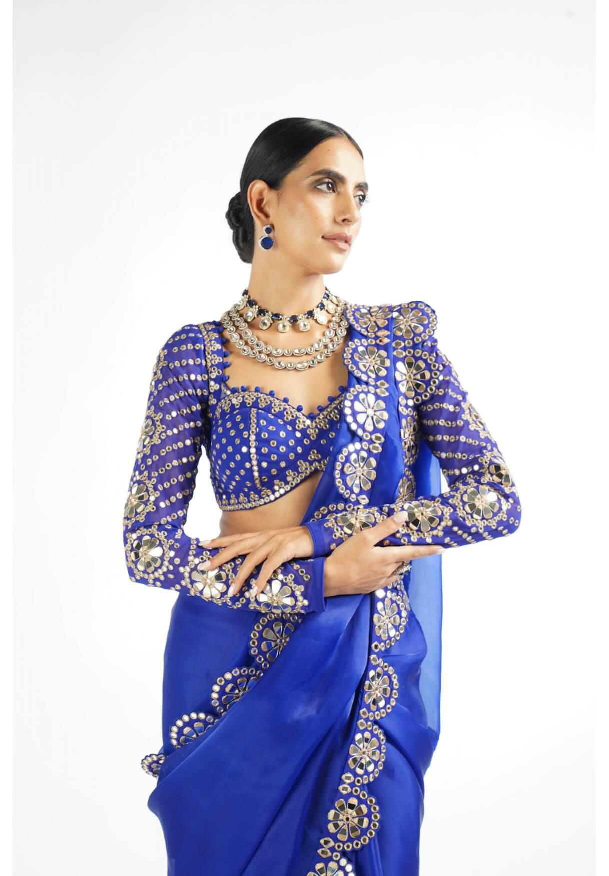 Vvani Vats,VAAW SR 2202,Royal Blue Mirror Work Blouse Saree Set