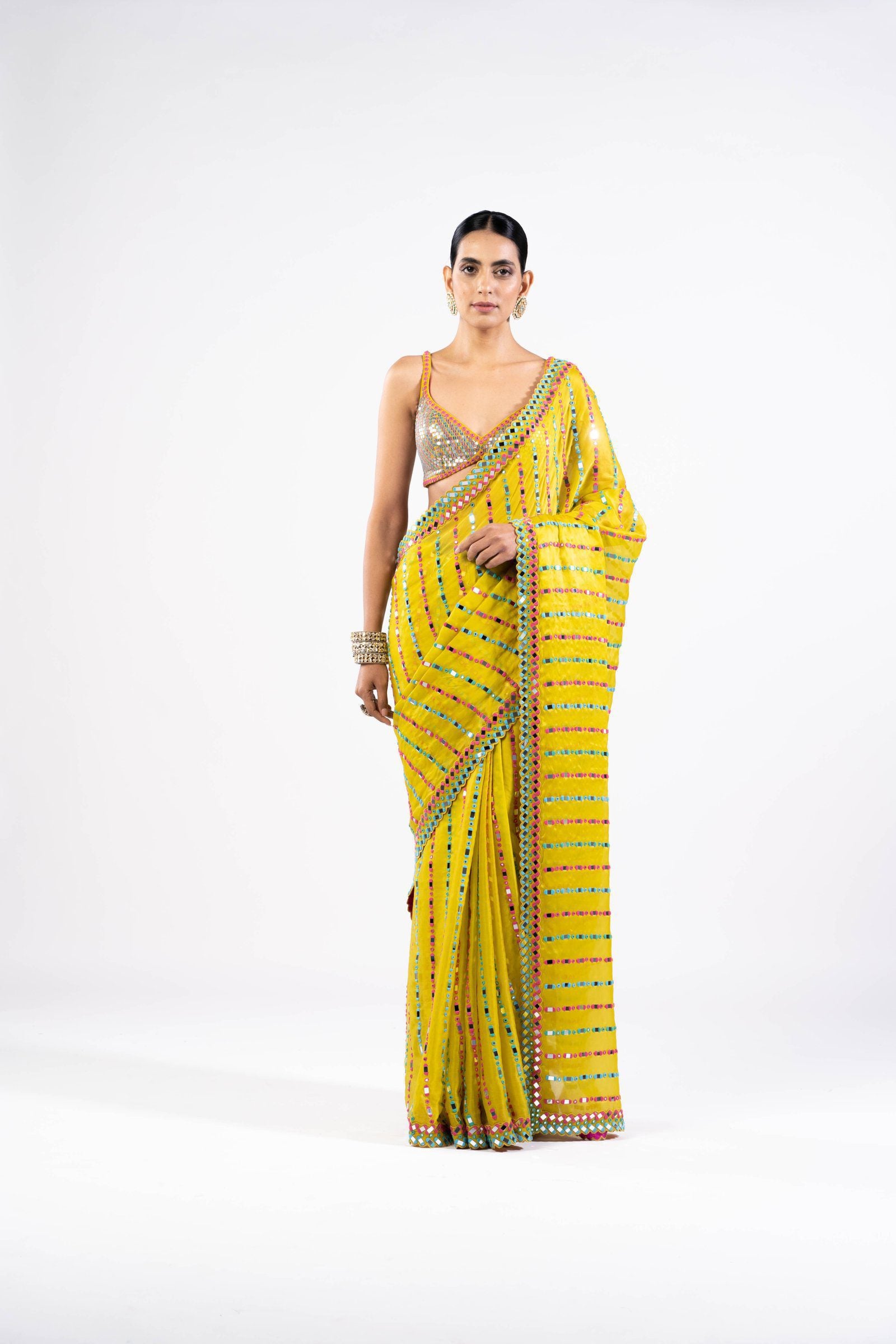 Vvani Vats,VASS SR 2303,Moss Green Mirror Saree With Metallic Blouse