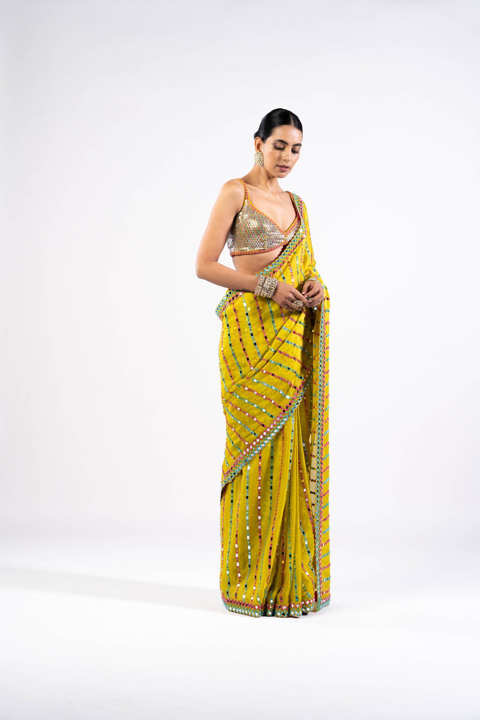 Vvani Vats,VASS SR 2303,Moss Green Mirror Saree With Metallic Blouse