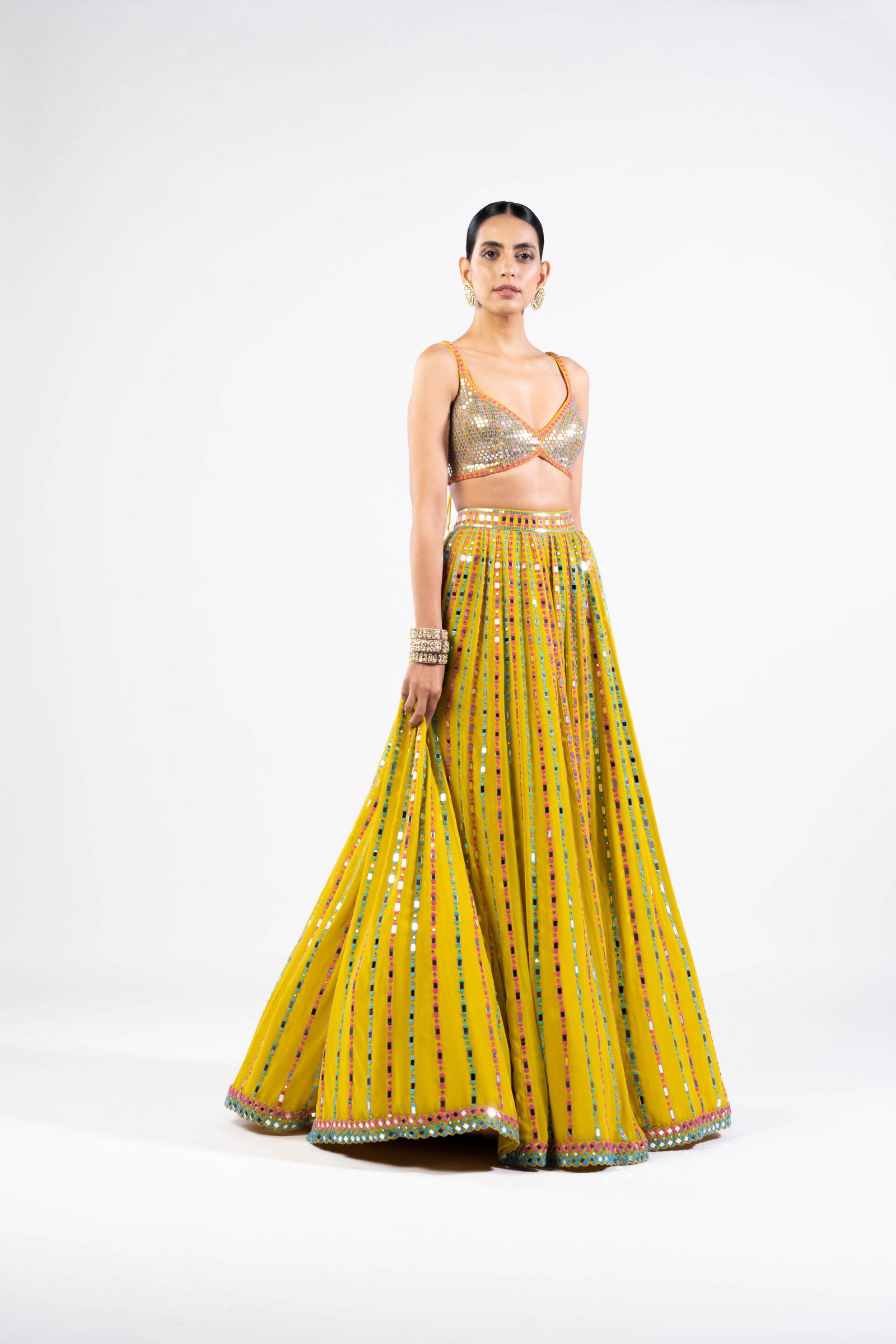 Vvani Vats,VASS LH 2305,Moss Green Linear Drop Lehenga With Metallic Blouse