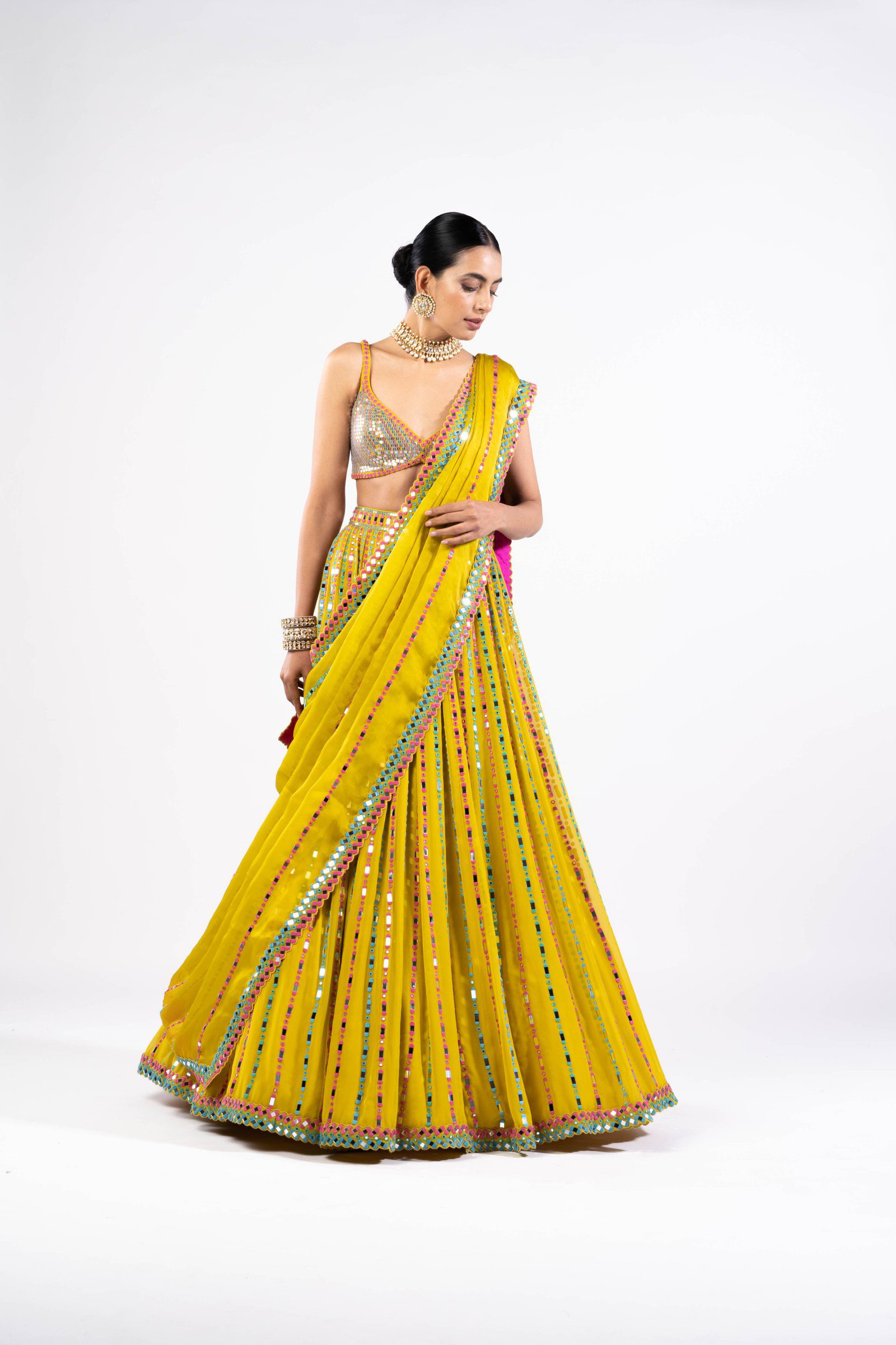 Vvani Vats,VASS LH 2305,Moss Green Linear Drop Lehenga With Metallic Blouse