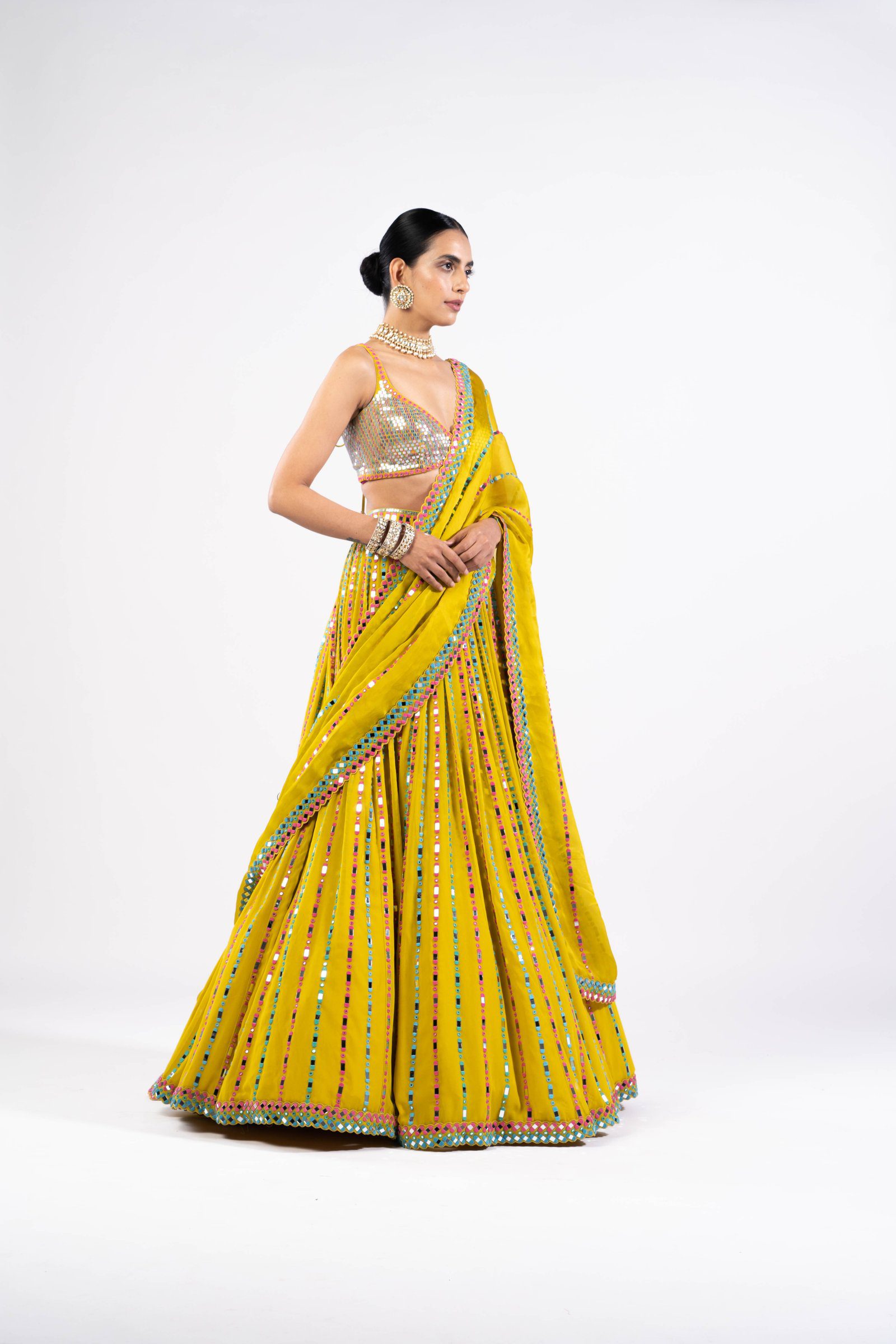 Vvani Vats,VASS LH 2305,Moss Green Linear Drop Lehenga With Metallic Blouse