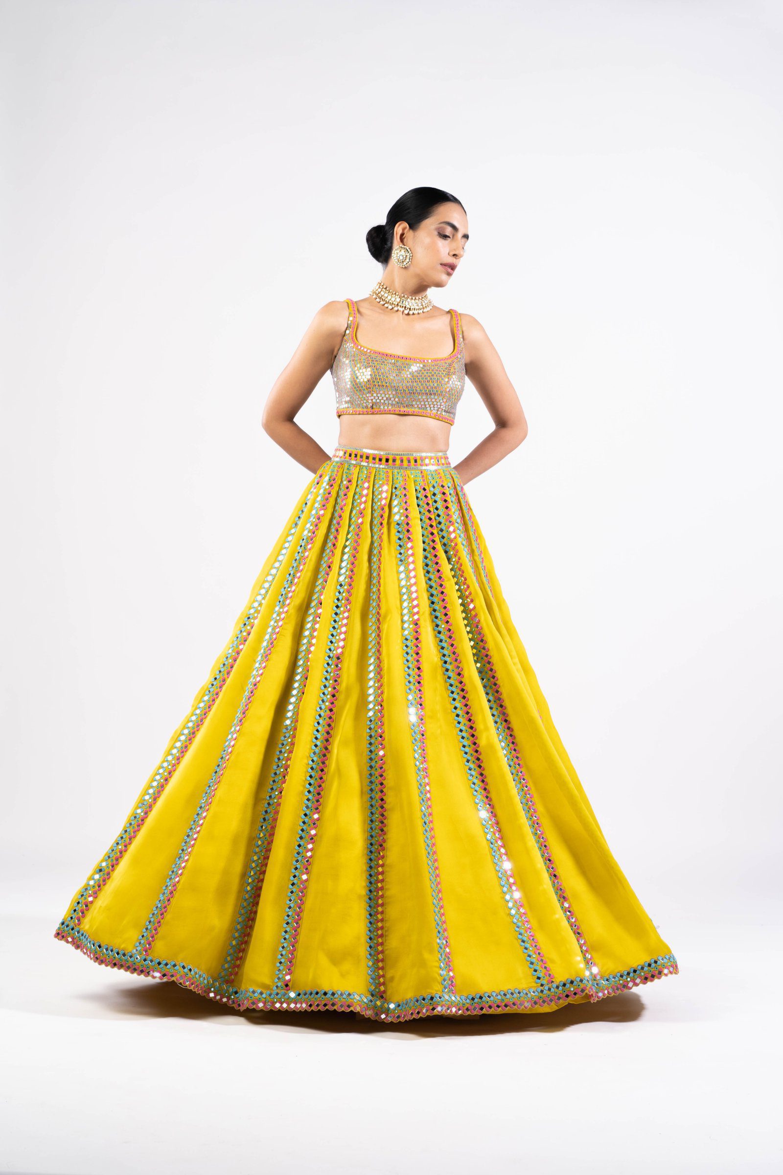 Vvani Vats,VASS LH 2309,Moss Green Mirror Seam Lehenga Set With Metallic Blouse