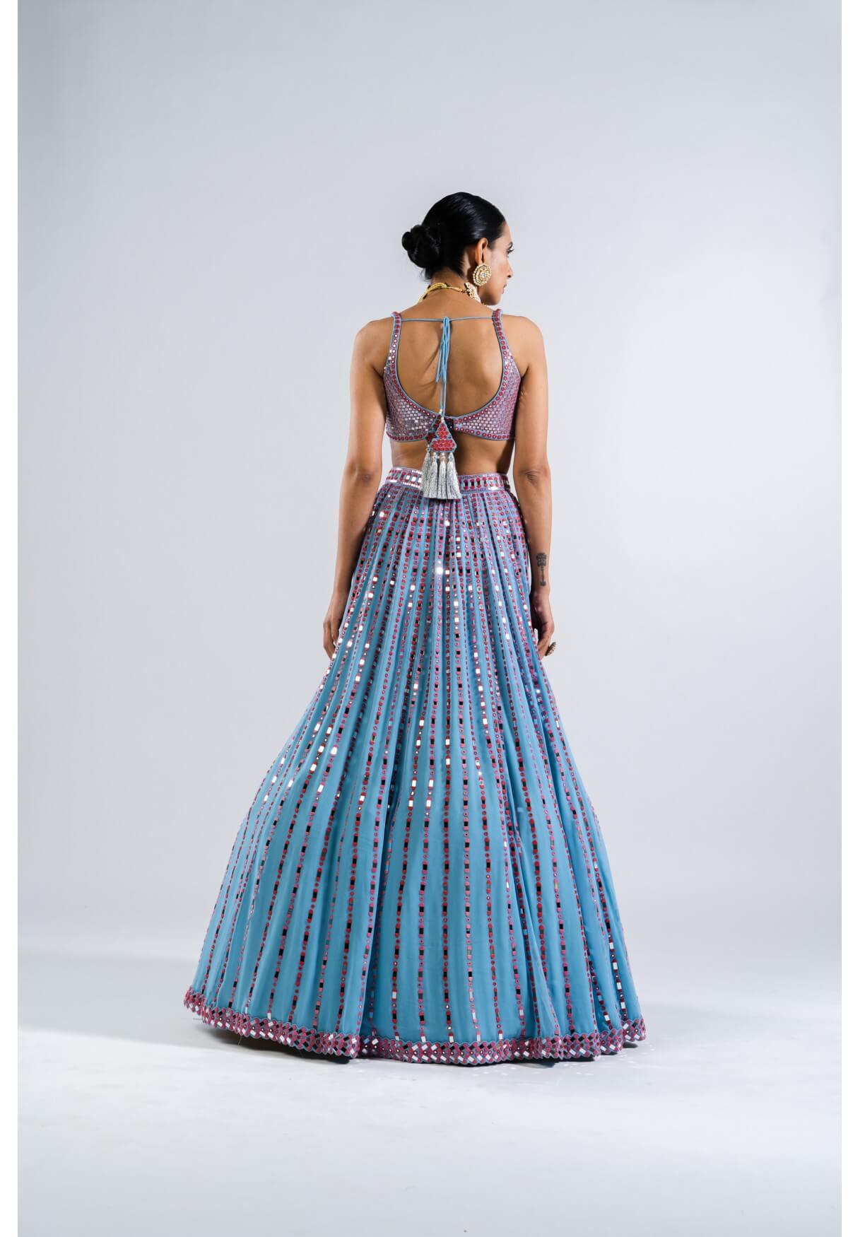 Vvani Vats,VASS LH 2318,Ice Blue Linear Drop Lehenga With Metallic Blouse