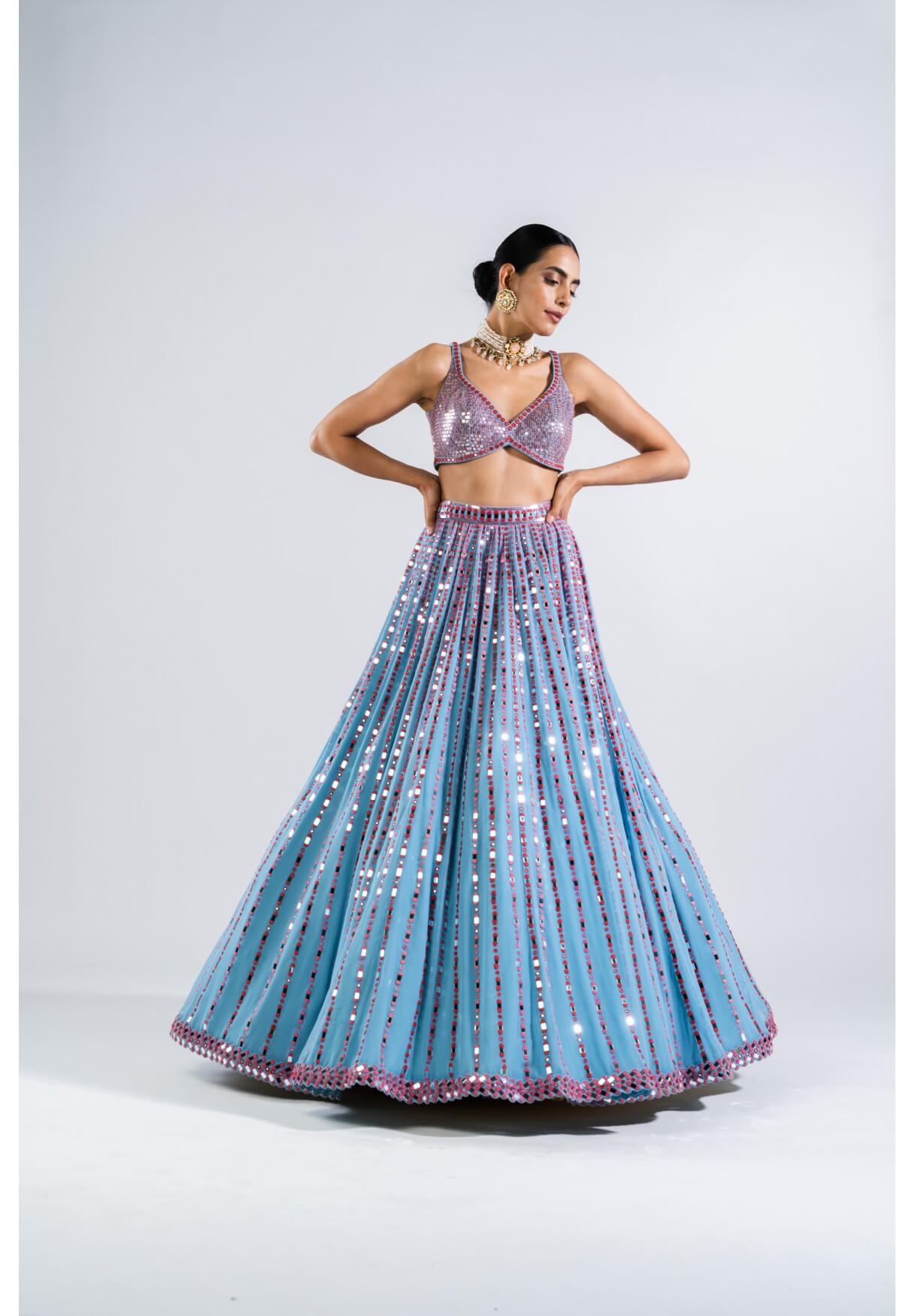 Vvani Vats,VASS LH 2318,Ice Blue Linear Drop Lehenga With Metallic Blouse