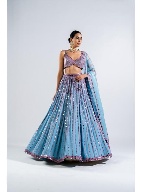 Vvani Vats,VASS LH 2318,Ice Blue Linear Drop Lehenga With Metallic Blouse