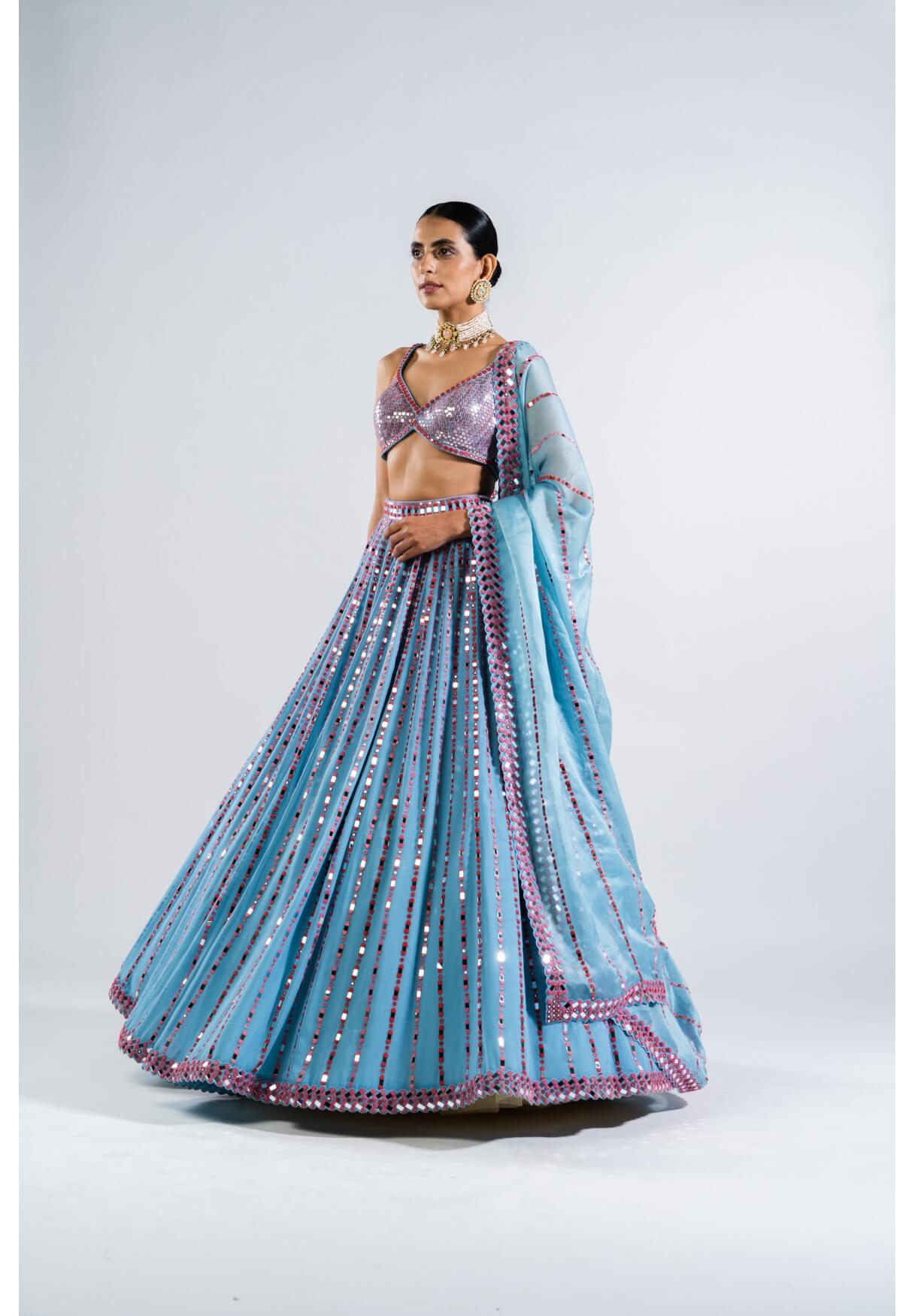 Vvani Vats,VASS LH 2318,Ice Blue Linear Drop Lehenga With Metallic Blouse