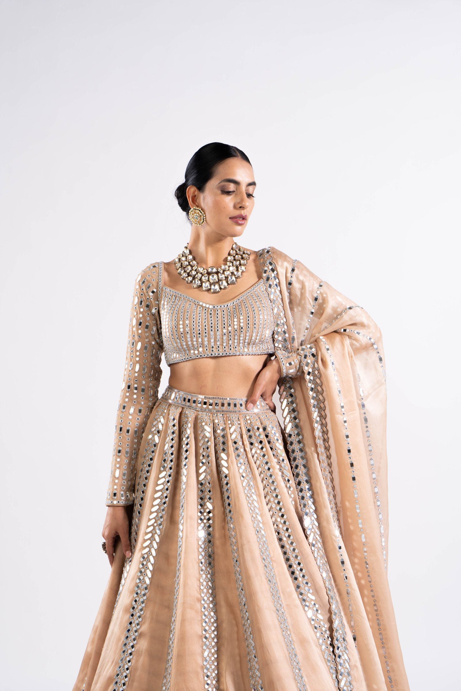 Vvani Vats,VASS LH 2326,Beige Mirror Seam Lehenga With Mirror Blouse