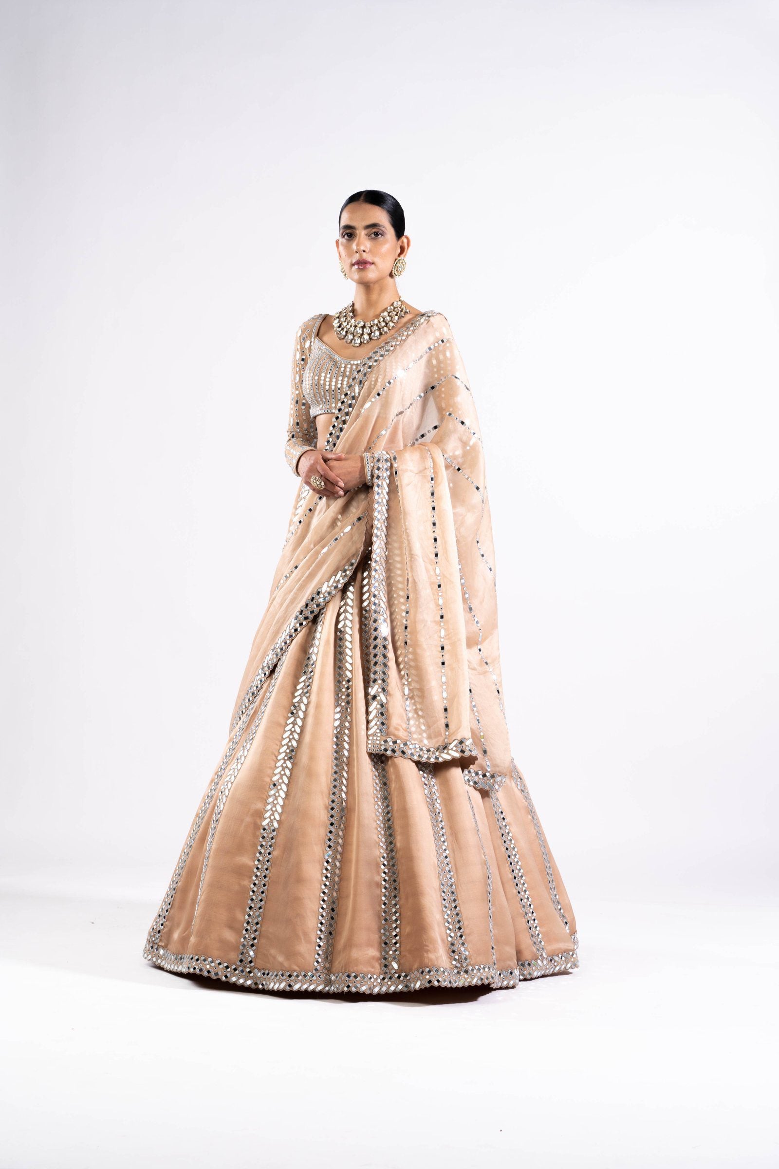 Vvani Vats,VASS LH 2326,Beige Mirror Seam Lehenga With Mirror Blouse