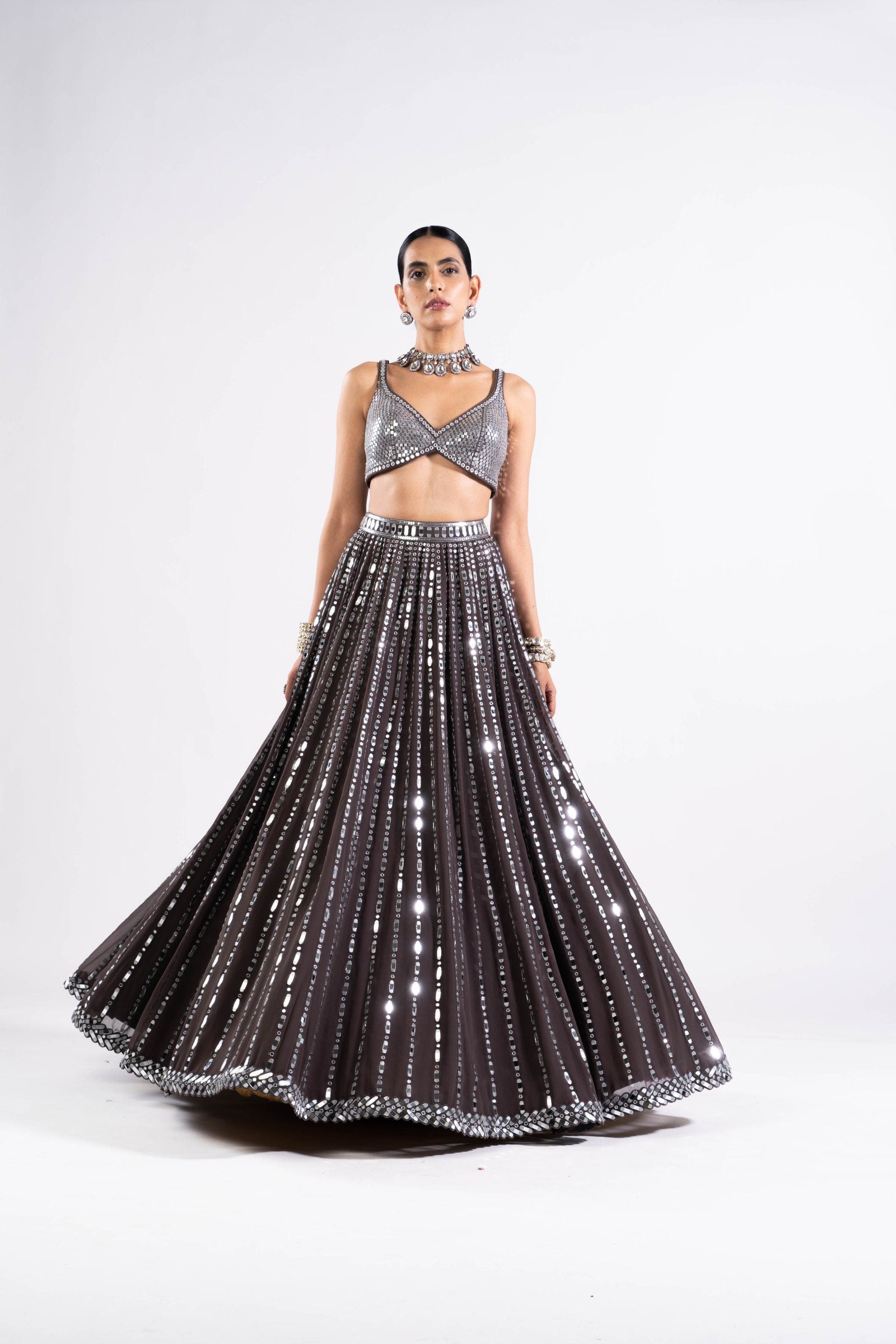 Vvani Vats,VASS LH 2327,Charcoal Grey Linear Drop Lehenga With Metallic Blouse