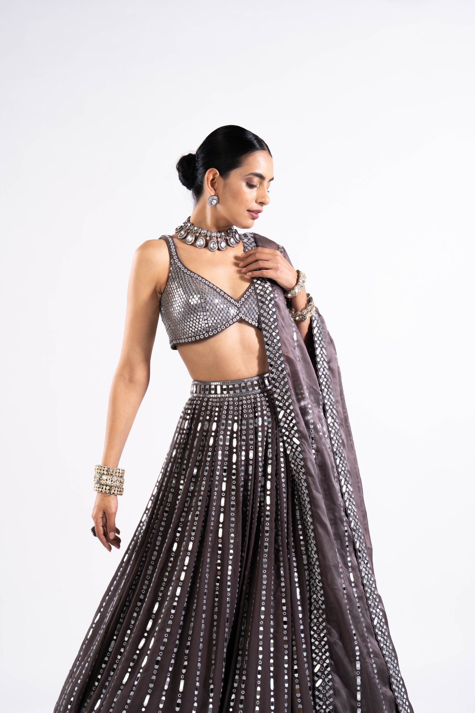 Vvani Vats,VASS LH 2327,Charcoal Grey Linear Drop Lehenga With Metallic Blouse