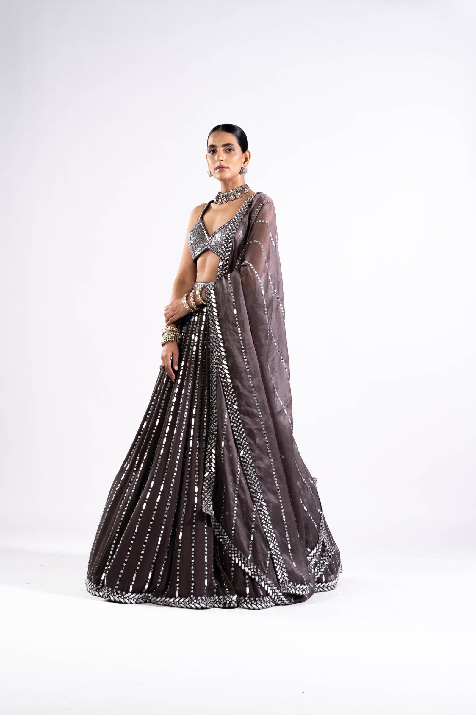 Vvani Vats,VASS LH 2327,Charcoal Grey Linear Drop Lehenga With Metallic Blouse